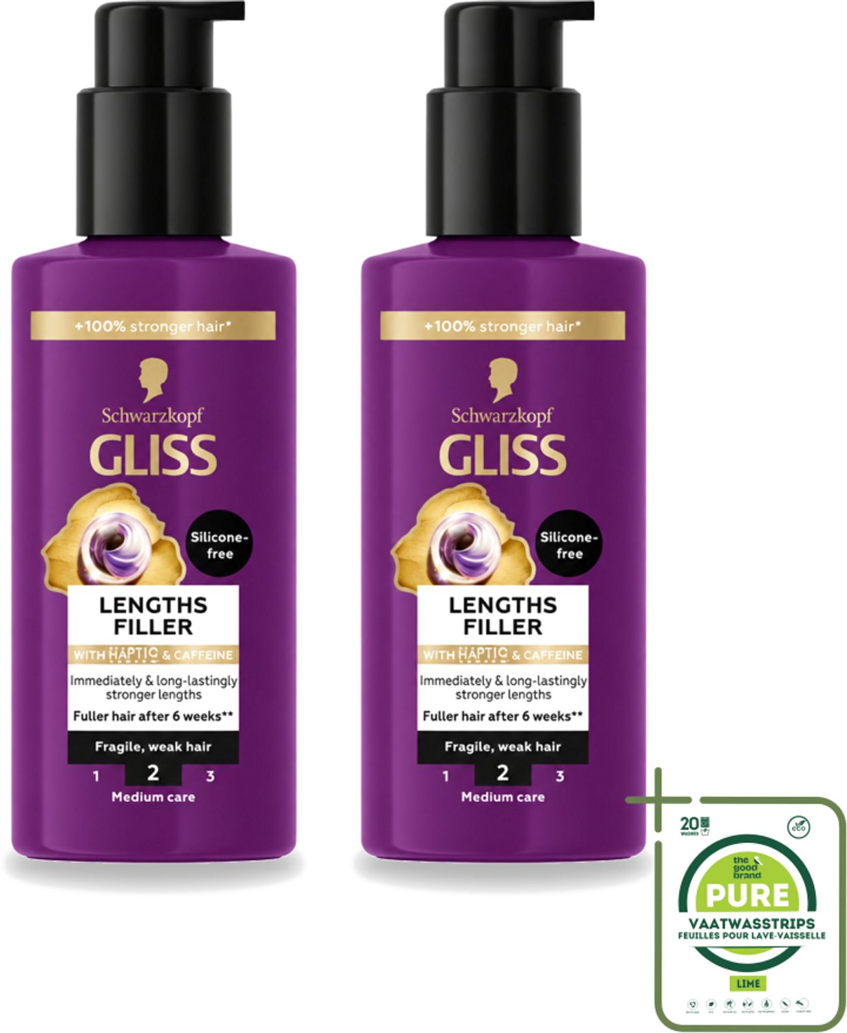 2 x Gliss - Haarserum - Lengths Filler - Siliconenvrij met Cafeïne - Voor Sterker Haar - 100 ml - Grootverpakking - Vaatwasstrips - Haarserum - Cafeïne - Haarversterking - Haarbreuk - Haarstructuur