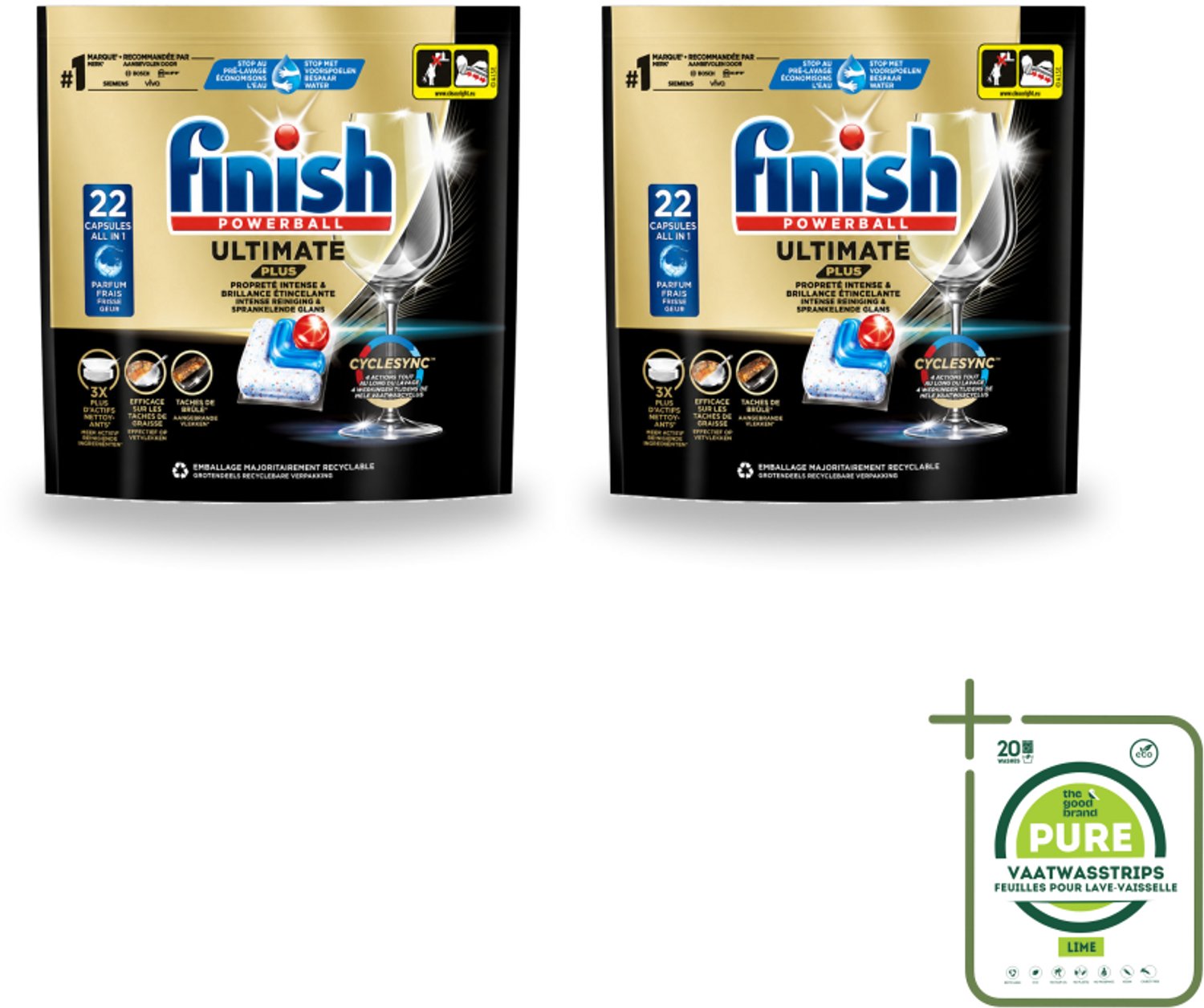 2 x Finish - Vaatwasmiddel - Ultimate Plus Vaatwastabletten Regular - Krachtige Alles-in-1 Reiniging - 22 capsules - Grootverpakking - Vaatwasstrips - Vaatwastabletten - Vaatwasmachine - Reinigingsmiddel - Glans - Vaat Reinigen