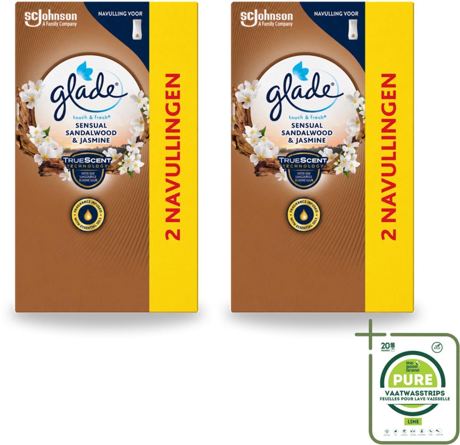 2 x Glade - Touch & Fresh Navulling - Sensual Sandelhout Jasmijn - 2 × 10 ml - Grootverpakking - Geur Navulling - Glade Sensual Sandalwood Jasmine - Geur In Badkamer - Geur In Toilet - Essentiële Oliën