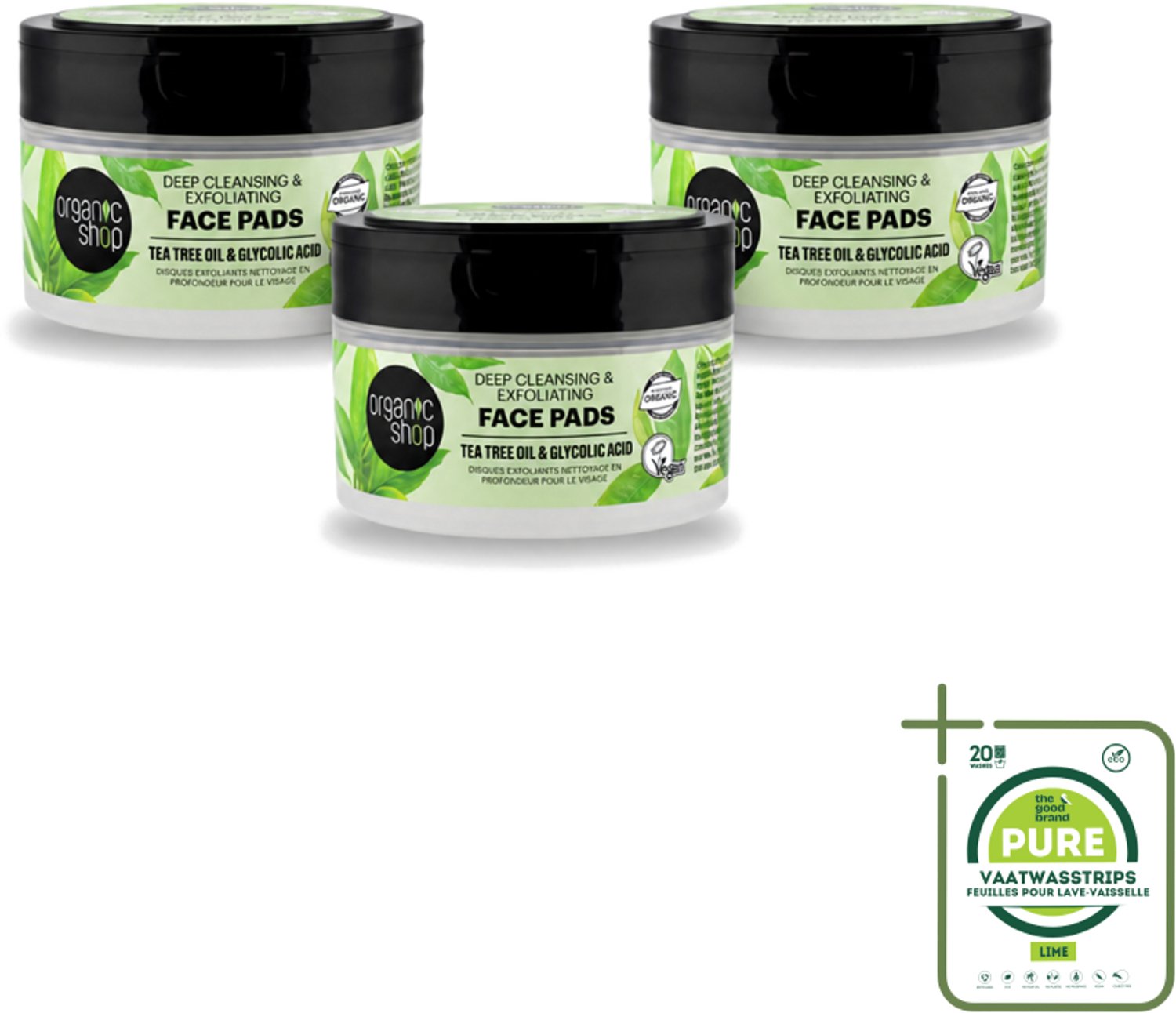 3 x Organic Shop - Face Pads Deep Cleansing - Verfrissend en Reinigen - 20 Pads - Grootverpakking - Vaatwasstrips - Gezichtsreiniging - Diepe Reiniging - Tea Tree Olie - Glycolzuur - Huidverzorging