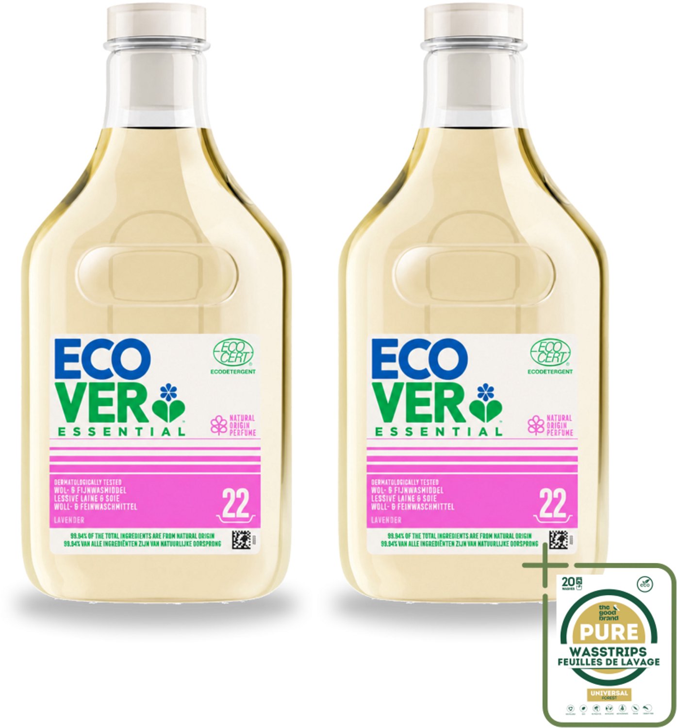 2 x Ecover - Vloeibaar wasmiddel Essential - Wol & Fijnwas - 1 liter - 22 wasbeurten - Wasstrips - Wasmiddel Wol En Fijnwas - Zachte Wasmiddel - Delicate Stoffen Wasmiddel - Natuurlijk Wasmiddel - Milieuvriendelijk Wasmiddel