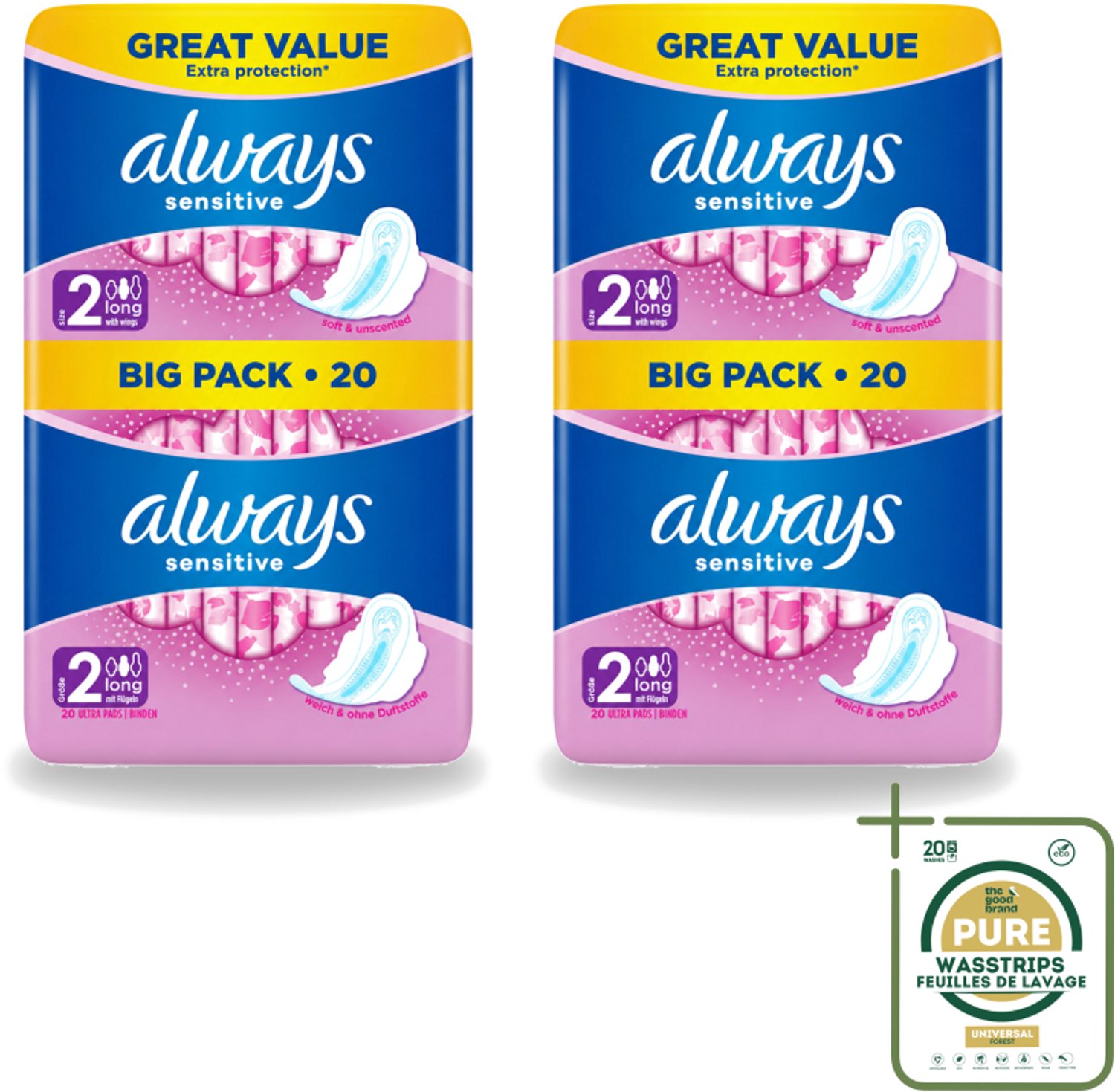 2 x Always - Maandverband - Long - Sensitive - 20 Maandverband - Wasstrips - Maandverband - Gevoelige Huid - Menstruatie - Zachte Maandverband - Long Maandverband