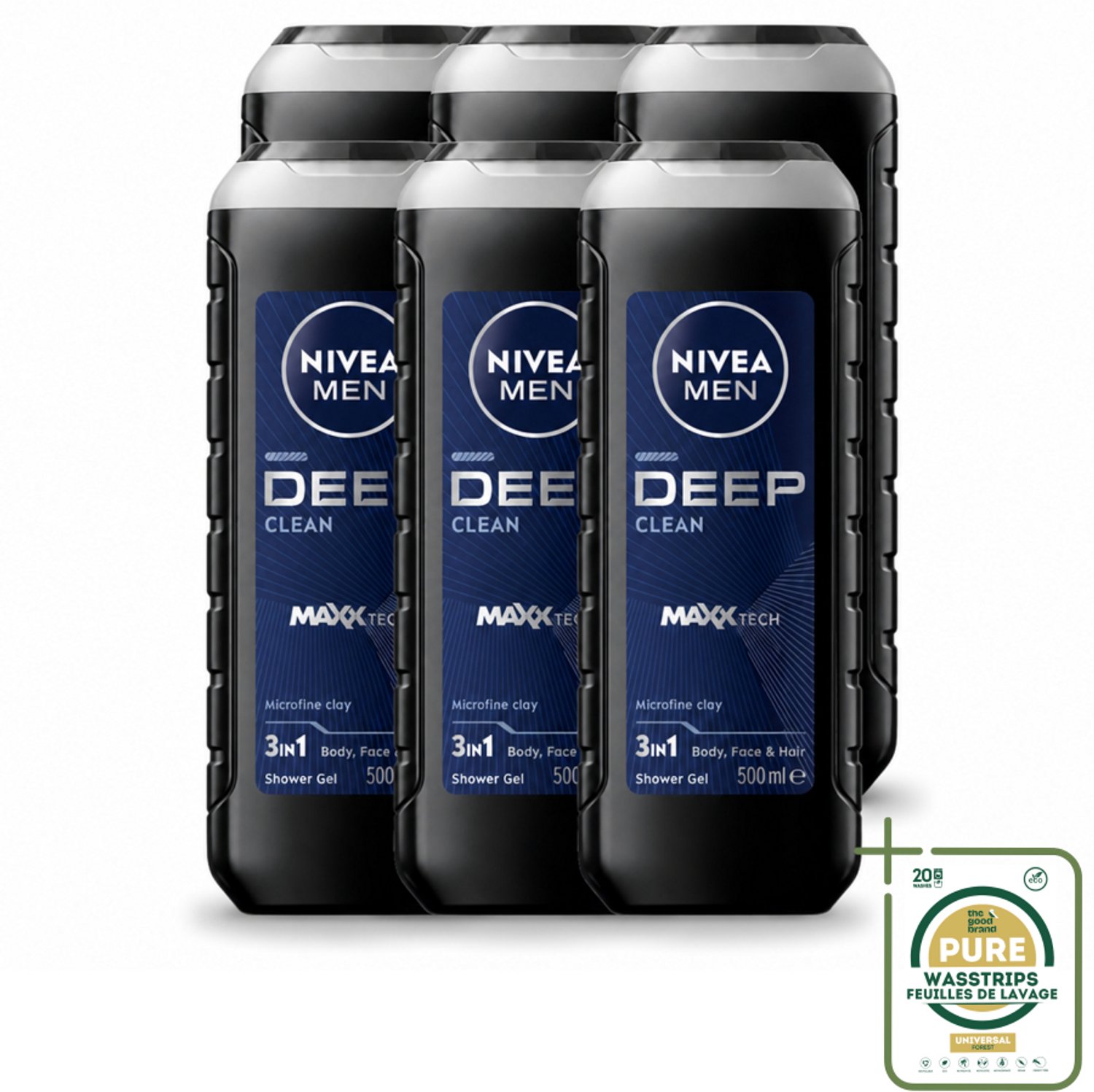 6 x NIVEA MEN - Douchegel - Deep Clean 3-in-1 - 500 ml - Wasstrips - Douchegel - Diepe Reiniging - Microklei - Mannelijke Geur - Gezicht En Haar Reinigen