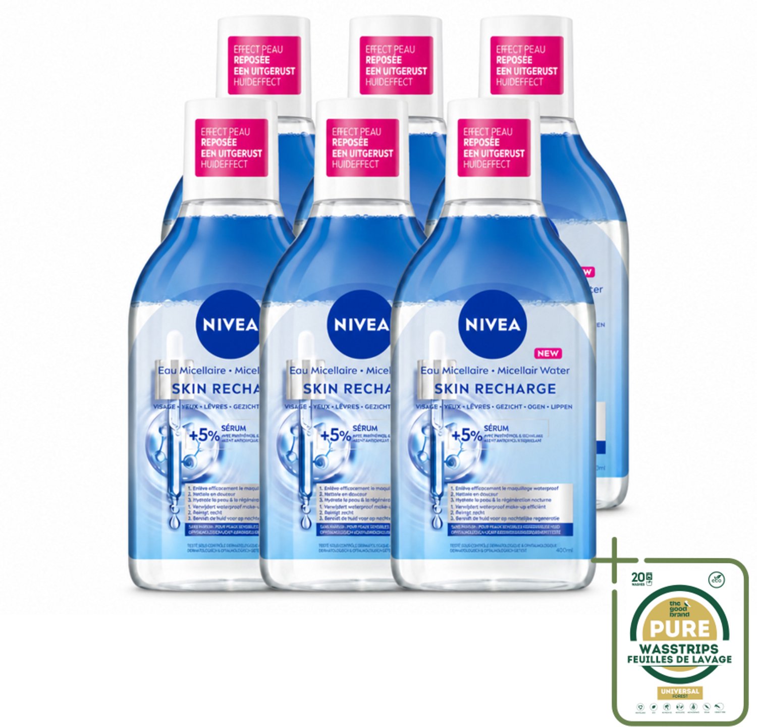6 x NIVEA - Micellair Water - Serum Verrijkt Opladend - Verwijdert Waterbestendige Make-up - 400 ml - Wasstrips - Gevoelige Huid - Micellair Water - Reinigingsmiddel - Hydraterend - Serum