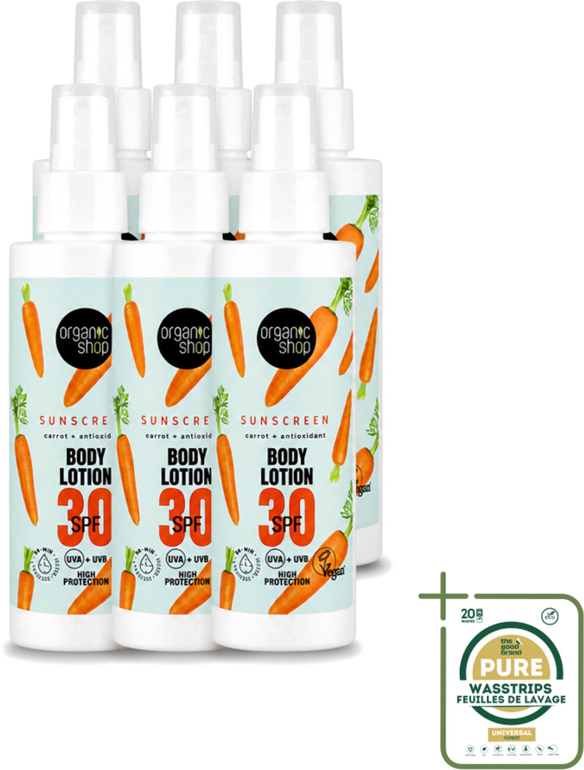 6 x Organic Shop - Zonnebrandcrème SPF 30 - Bescherming tegen de Zon - 150 ml - Wasstrips - Zonbescherming - Zonnebrandcrème - SPF 30 - Natuurlijke Zonbescherming - Antioxidanten