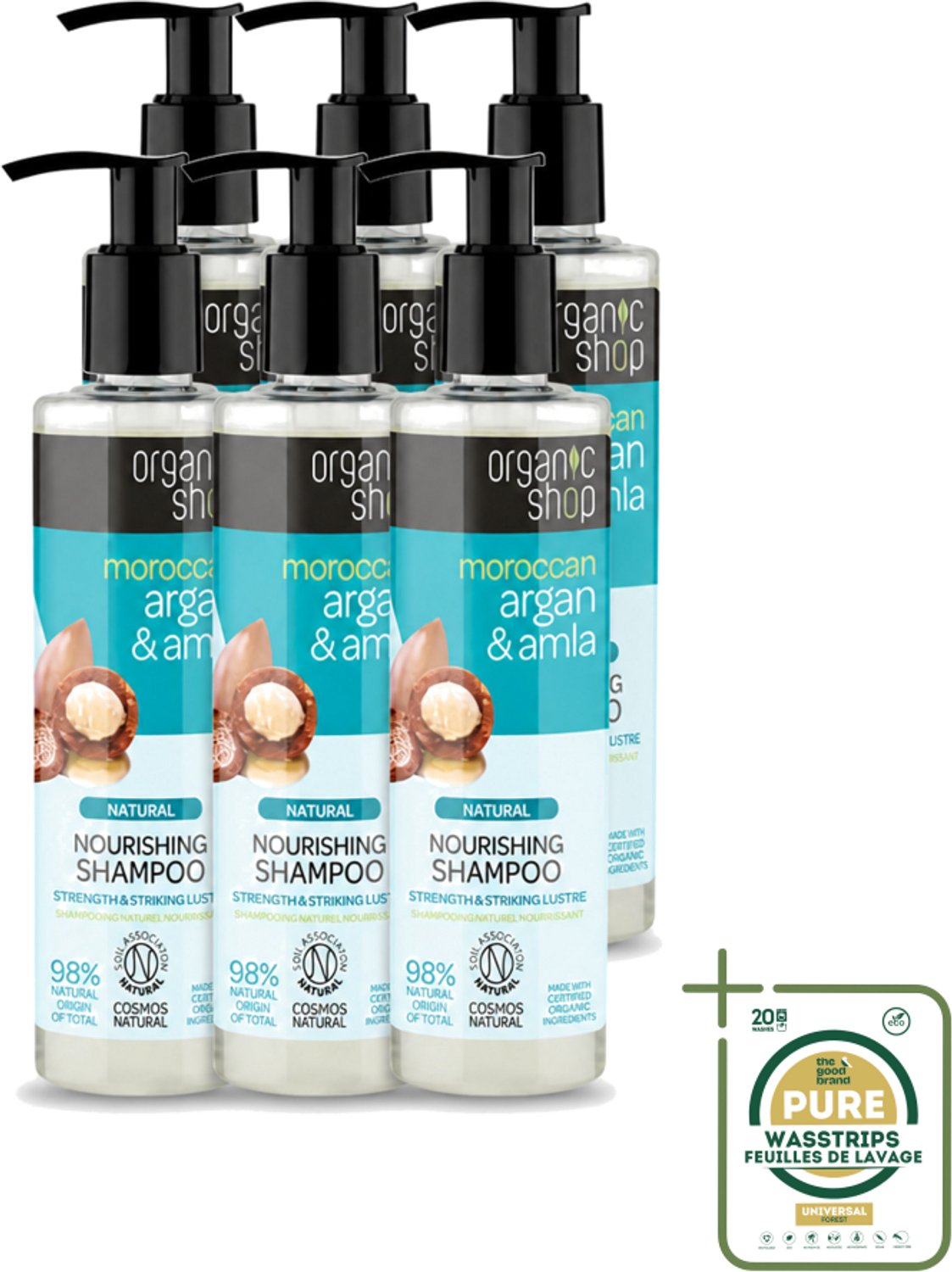 6 x Organic Shop - Natural Nourishing Shampoo - Argan Hair & Amla - Herstellend en Voedend - 280 ml - Wasstrips - Argan Haar Shampoo - Natuurlijke Haar Shampoo - Herstellende Haar Shampoo - Voedend Haar Shampoo - Beschadigd Haar Herstellen