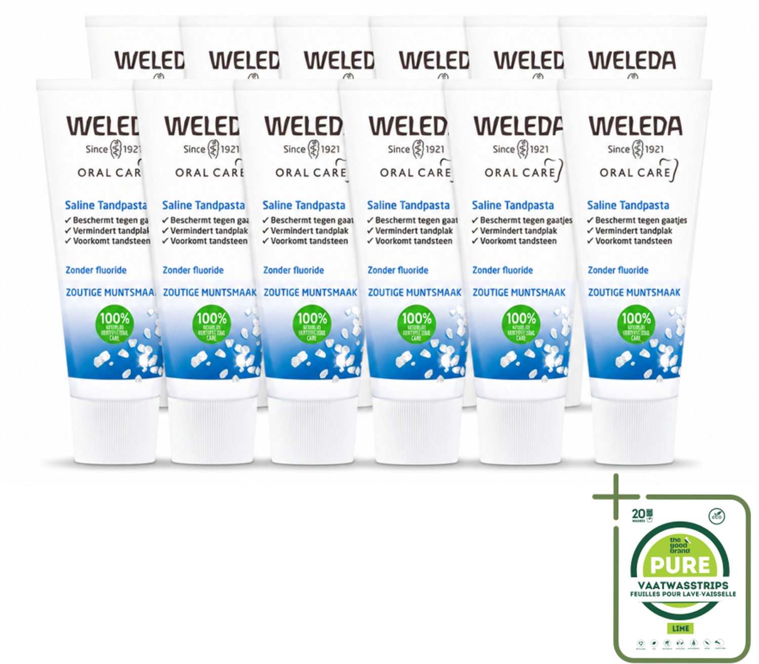 12 x WELEDA - Tandpasta Saline - 75ml - Grootverpakking - Vaatwasstrips - Tandpasta - Zeezout - Mondgezondheid - Tandplak - Tandsteen