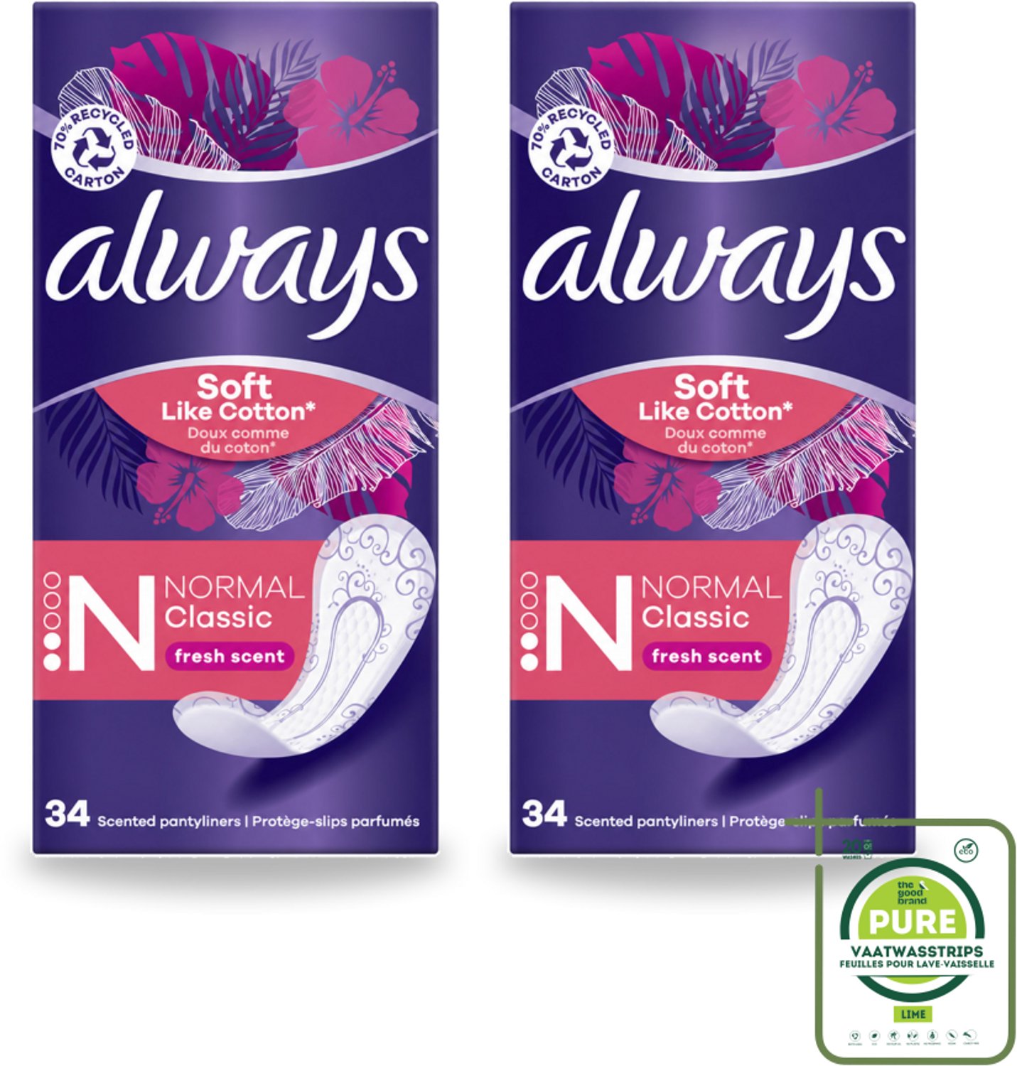 2 x Always - Inlegkruisjes - Normal - 34 Inlegkruisjes - Grootverpakking - Vaatwasstrips - Inlegkruisje - Inlegkruisjes - Dagelijkse Frisheid - Comfort - Flexibel