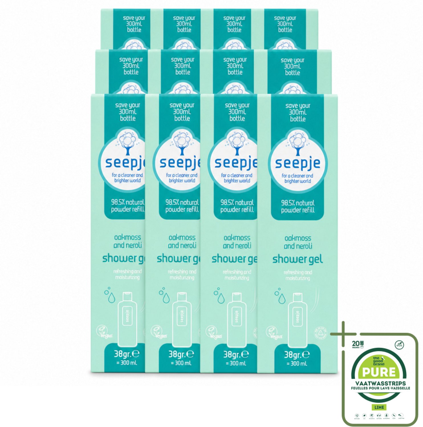 12 x Seepje - Douchegel - Duurzaam & Handig - Eikenmos en Neroli - Navulling - 38 gr - Grootverpakking - Vaatwasstrips - Douchegel Navulling - Eikenmos - Neroli - Natuurlijke Douchegel - Duurzame Douchegel