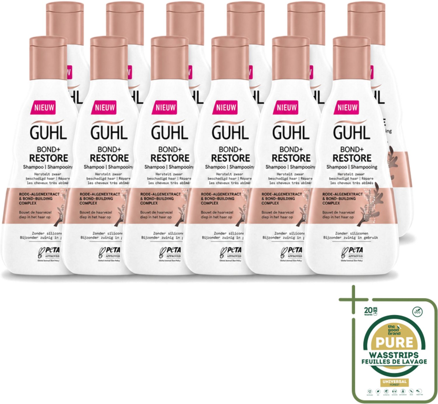 12 x Guhl - Shampoo - Bond+ Restore - 250 ml - Wasstrips - Herstel Haar - Beschadigd Haar - Zwaar Beschadigd Haar - Haar Herstellen - Haar Versterken