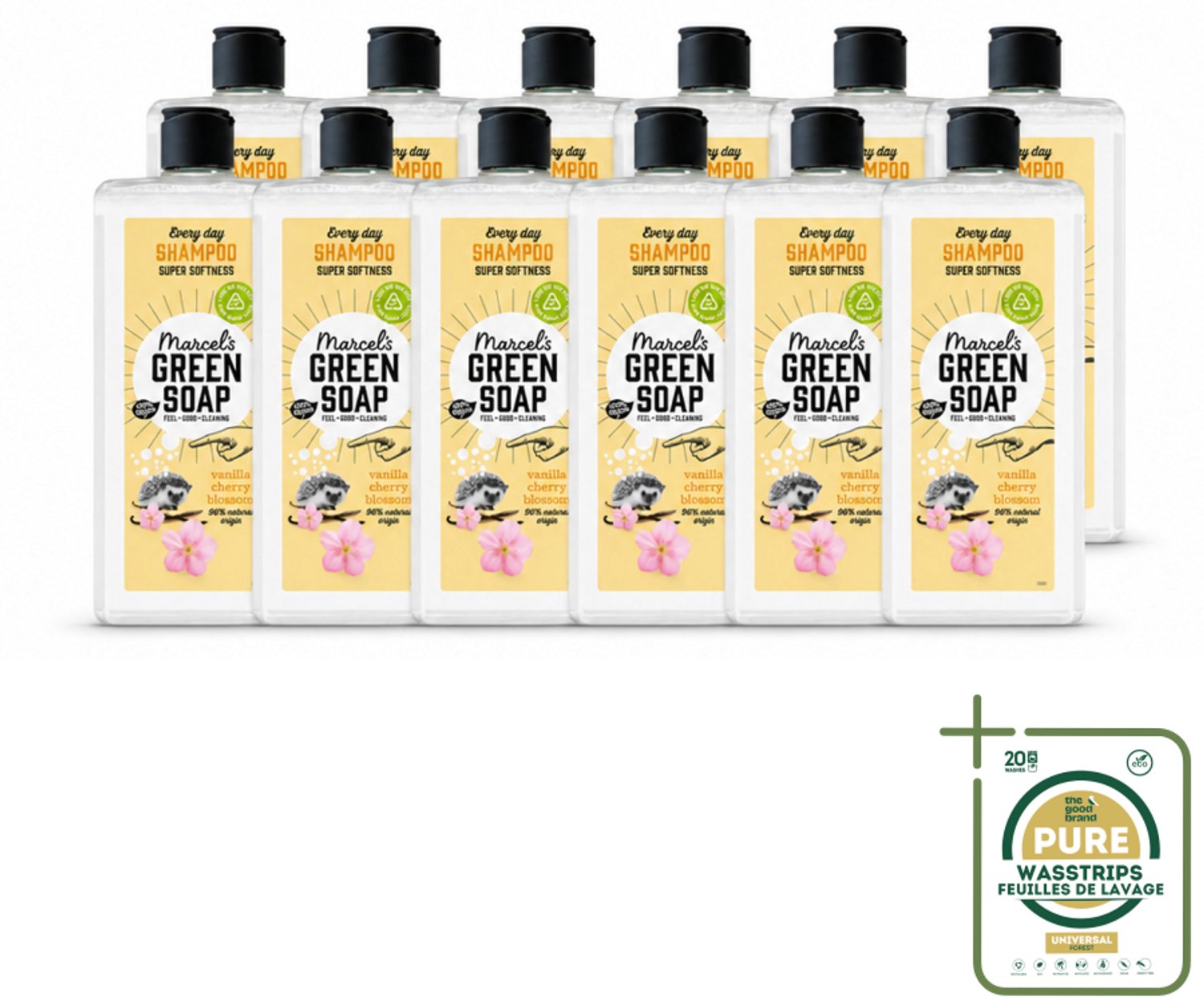 12 x Marcel's Green Soap - Every Day Shampoo - Vanilla & Cherry Blossom - Versterkt & verzorgt - 300 ml - Wasstrips - Shampoo Voor Haar - Dagelijks Shampoo - Natuurlijke Shampoo - Vegan Shampoo - Shampoo Voor Vet Haar