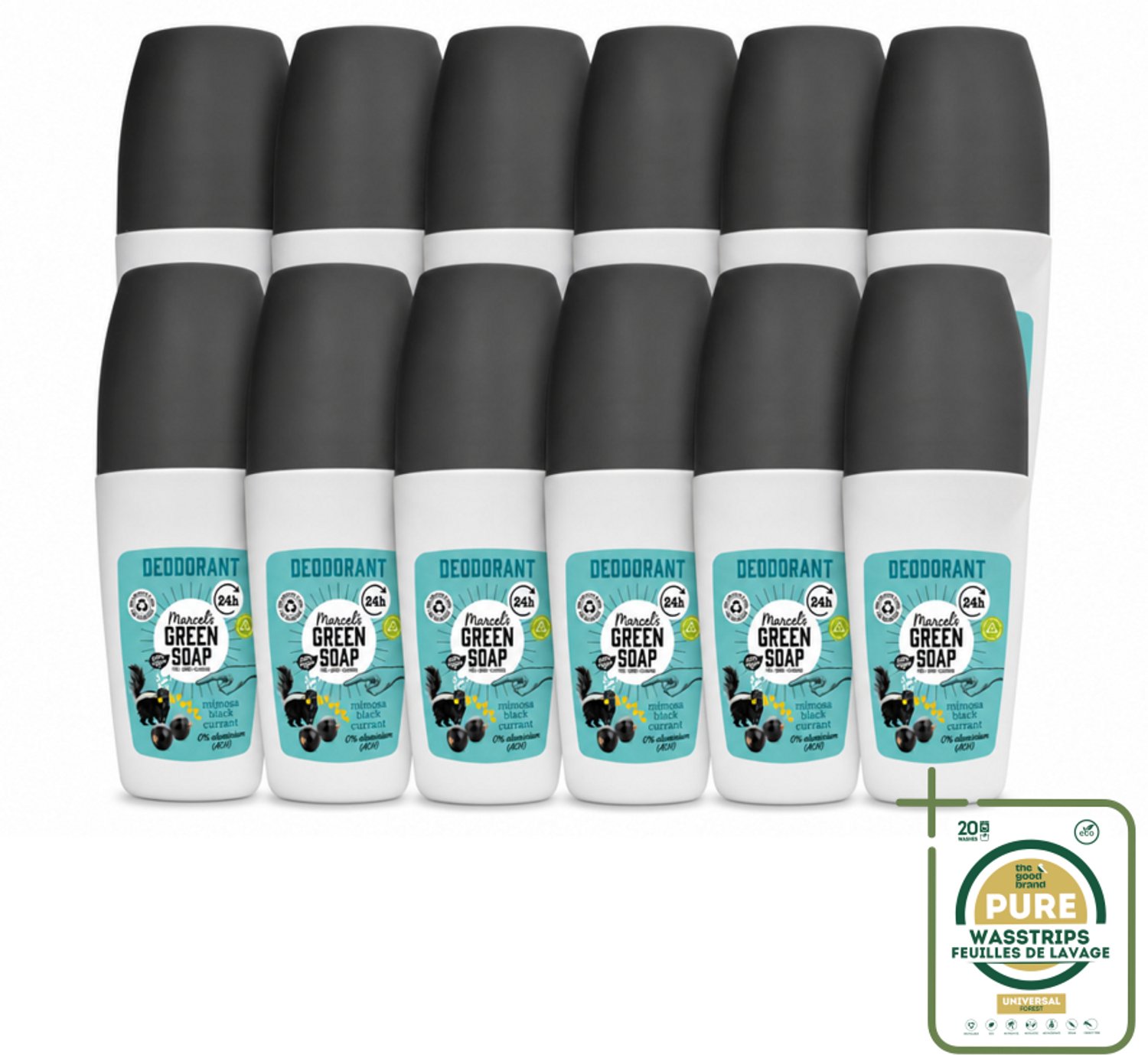 12 x Marcel's Green Soap - Deodorant Roller - Mimosa & Blackcurrant - Langdurige frisheid - 50 ml - Wasstrips - Deodorant Roller - Natuurlijke Geur - Frisse Geur - Okselverzorging - Duurzame Deodorant