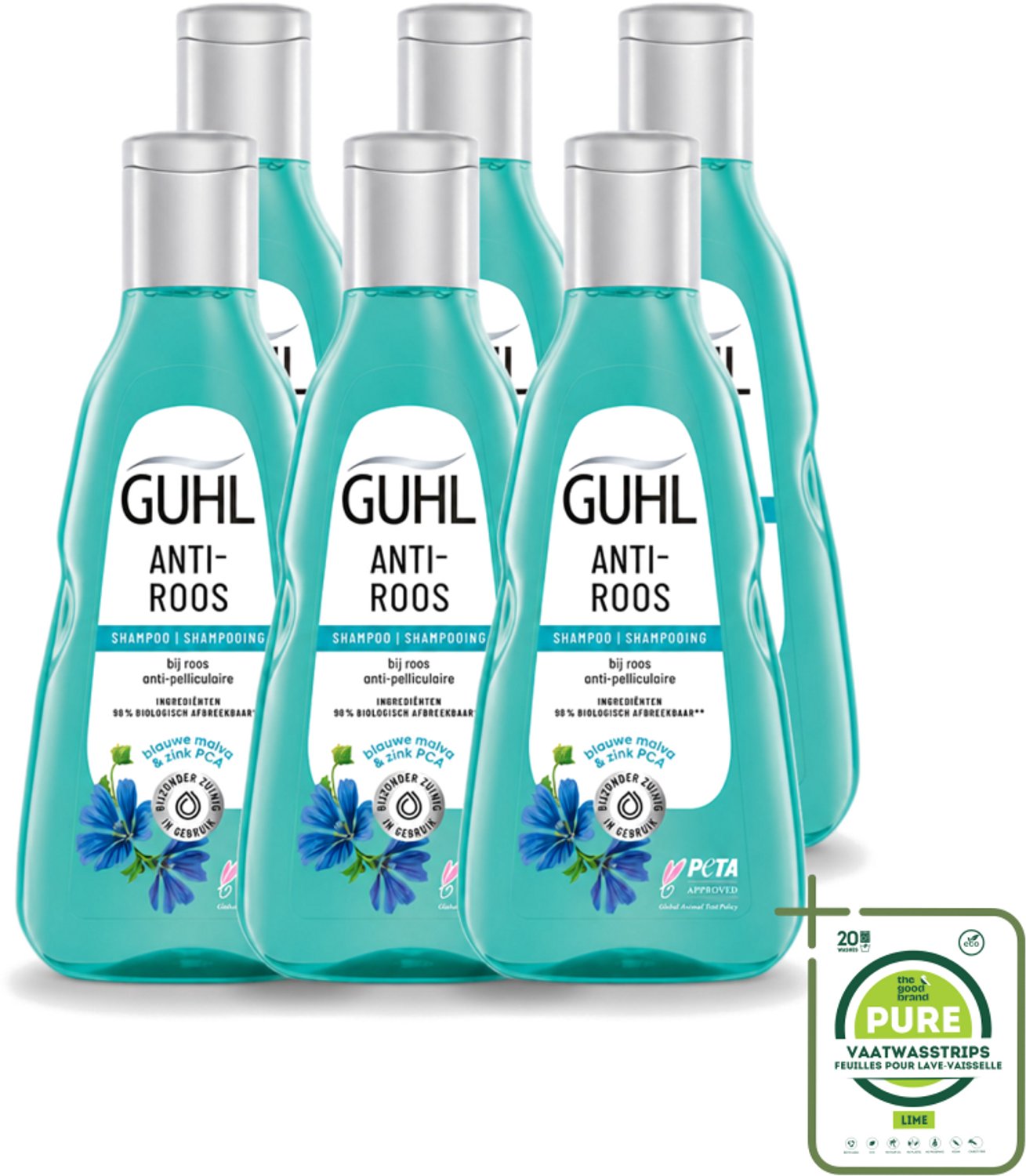 6 x Guhl - Shampoo - Anti-Roos - 250 ml - Grootverpakking - Vaatwasstrips - Anti-roos Shampoo - Roosvrije Hoofdhuid - Hoofdhuid Verzorging - Roos Bestrijden - Zink Shampoo