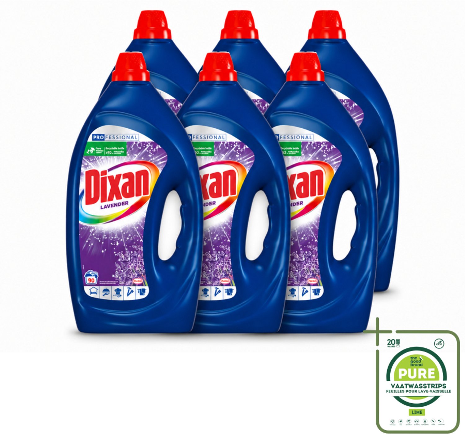 6 x Dixan - Vloeibaar wasmiddel - Fresh Lavender - Professional - 90 wasbeurten - Grootverpakking - Vaatwasstrips - Wasmiddel - Waskracht - Frisse Geur - Lavendel - Reiniging