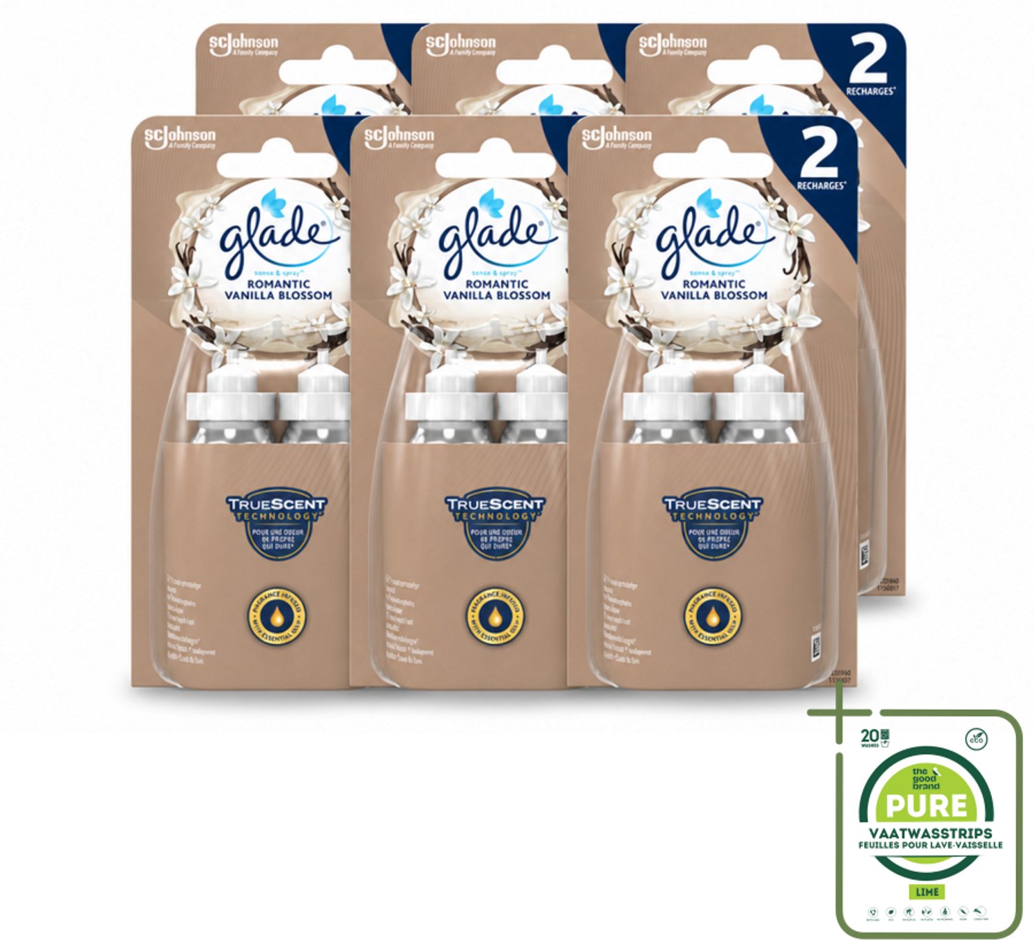 6 x Glade - Sense & Spray - Romantic Vanillebloesem - 2 × 18 ml - Grootverpakking - Vaatwasstrips - Romantische Geur - Geurverspreiding - Automatische Geur - Essentiële Oliën - Huisgeur