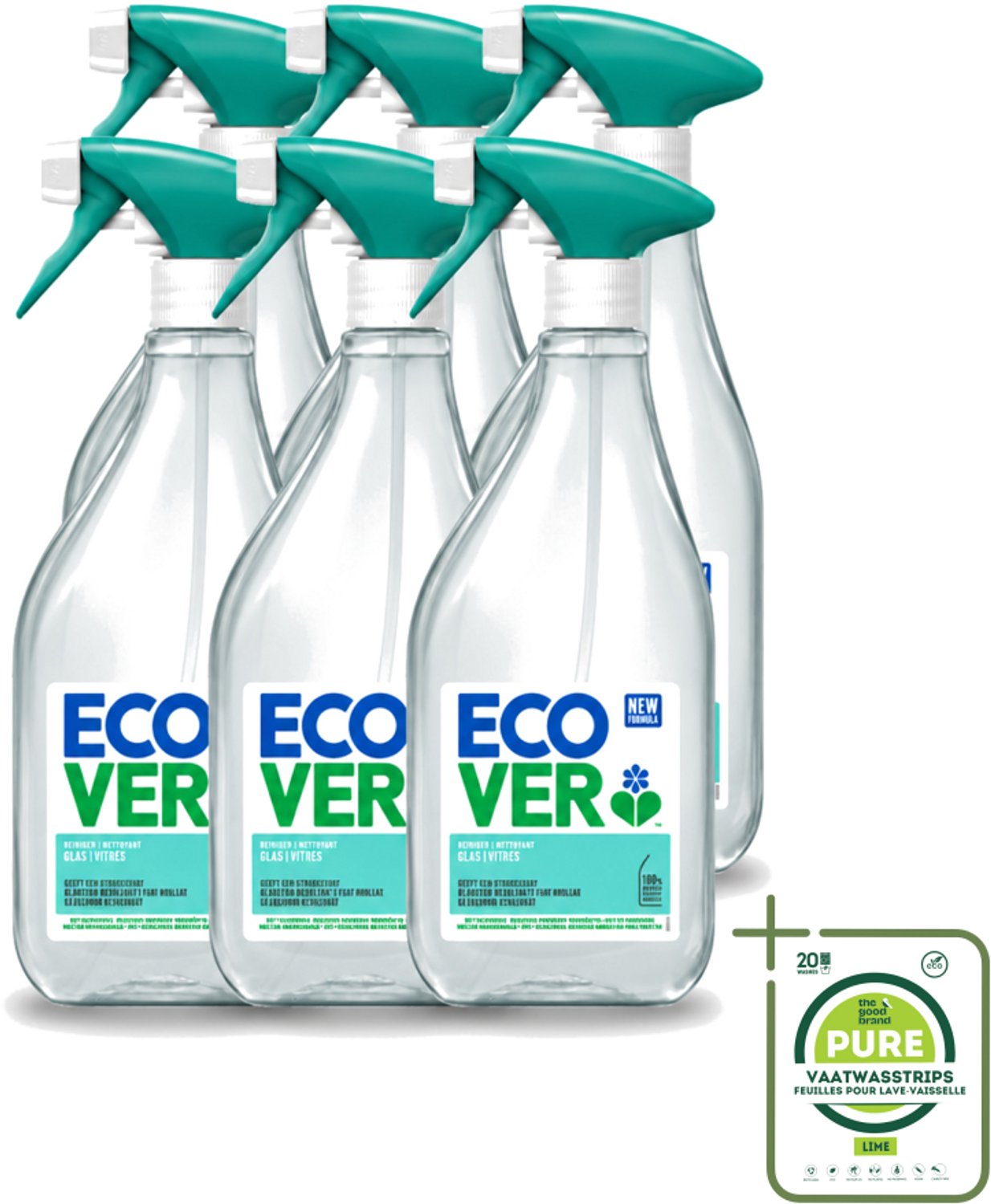 6 x Ecover - Glasreiniger Spray - 500 ml - Grootverpakking - Vaatwasstrips - Glas Reinigen - Glas Reiniger - Glas Schoonmaken - Glas Spiegel Reinigen - Plantaardige Reiniger