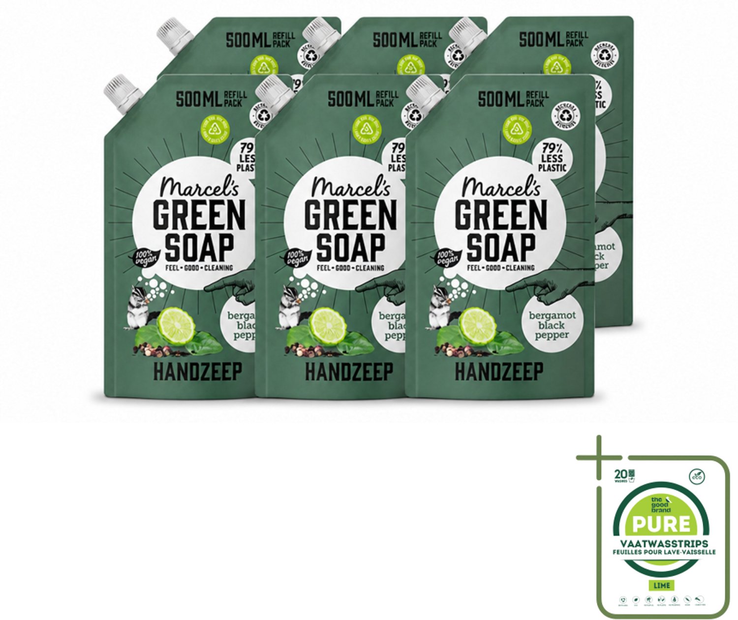 6 x Marcel's Green Soap - Handzeep - Bergamot & Black Pepper - Natuurlijke verzorging - 500 ml - Grootverpakking - Vaatwasstrips - Handzeep Navulling - Biologisch Afbreekbaar - Plantaardige Glycerine - Bergamot En Zwarte Peper - Duurzaamheid