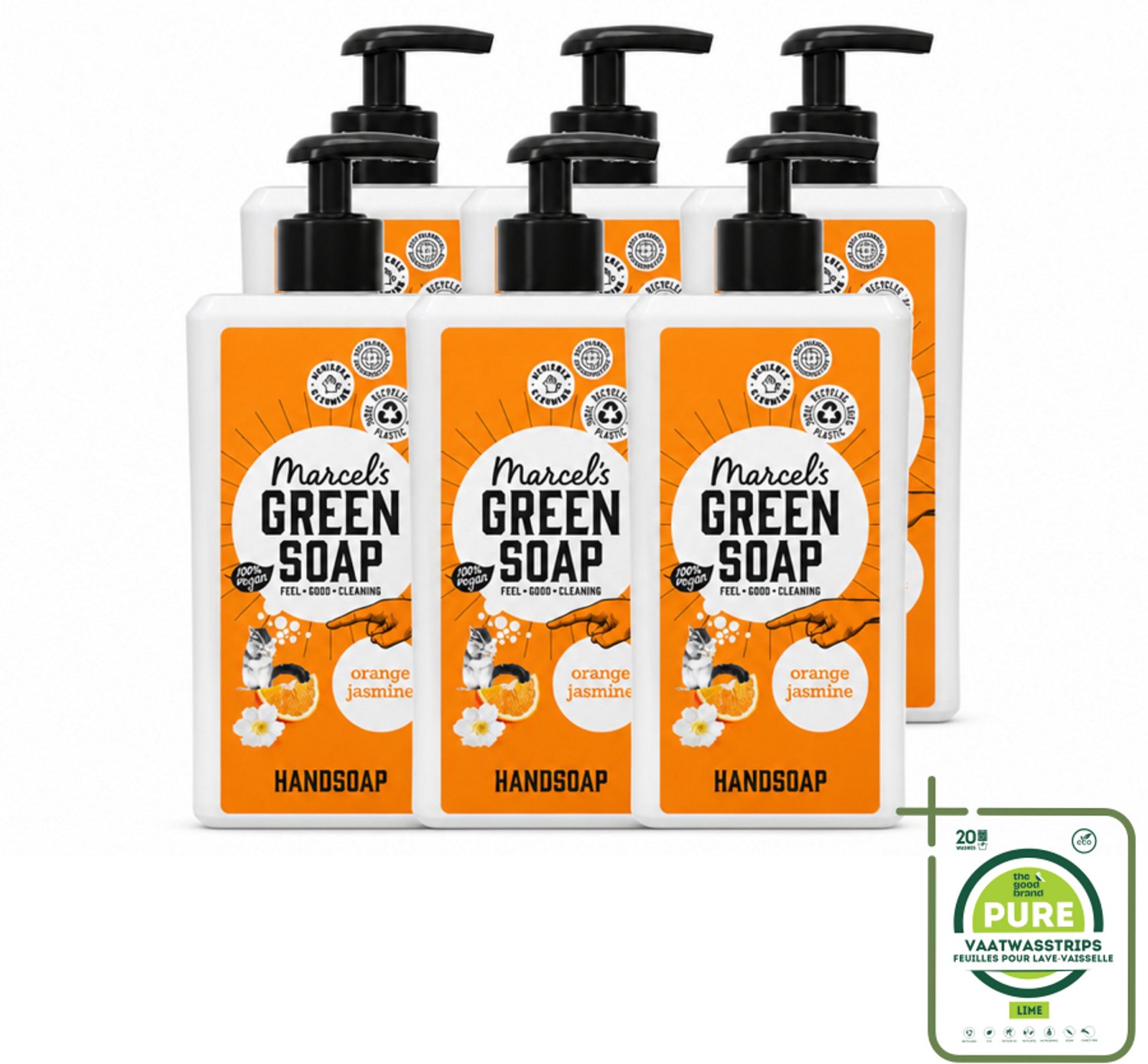 6 x Marcel's Green Soap - Handzeep - Sinaasappel & Jasmijn - Voor dagelijks gebruik - 500 ml - Grootverpakking - Vaatwasstrips - Handzeep - Natuurlijke Handzeep - Plantaardige Handzeep - Frisse Handzeep - Handverzorging