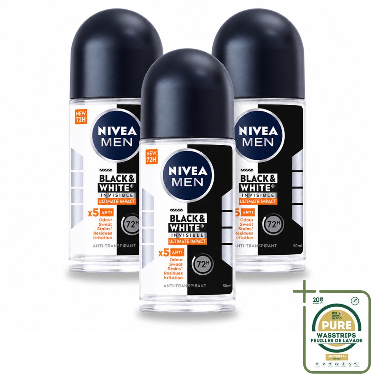 3 x NIVEA MEN - Deodorant Roller - Black & White Ultimate Impact - 50 ml - Deodorant Roller - Anti-vlekken - Zweetbehandeling - Frisheid - Kledingbescherming