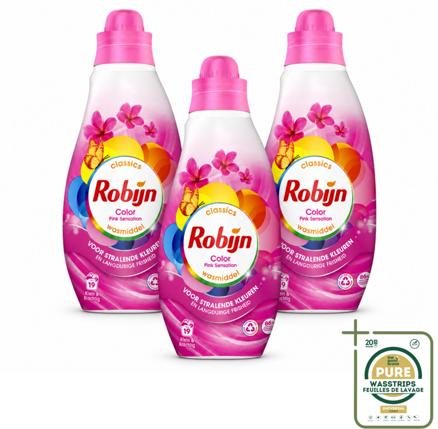 3 x Robijn - Klein & Krachtig Classics Color Pink Sensation - Vloeibaar Wasmiddel - 19 Wasbeurten - Wasstrips - Kleurbehoud - Wasmiddel Voor Gekleurde Was - Frisheid - Biologisch Afbreekbaar - Milieuvriendelijk