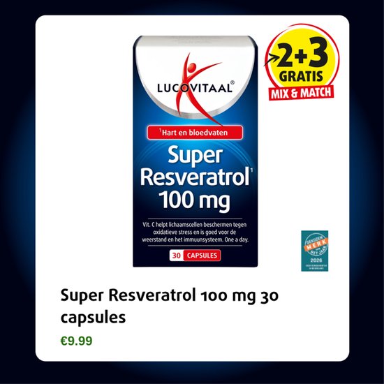Verpakking van Lucovitaal Super Resveratrol 100 mg, 30 capsules met 2+3 GRAS MIX & MATCH aanbieding.