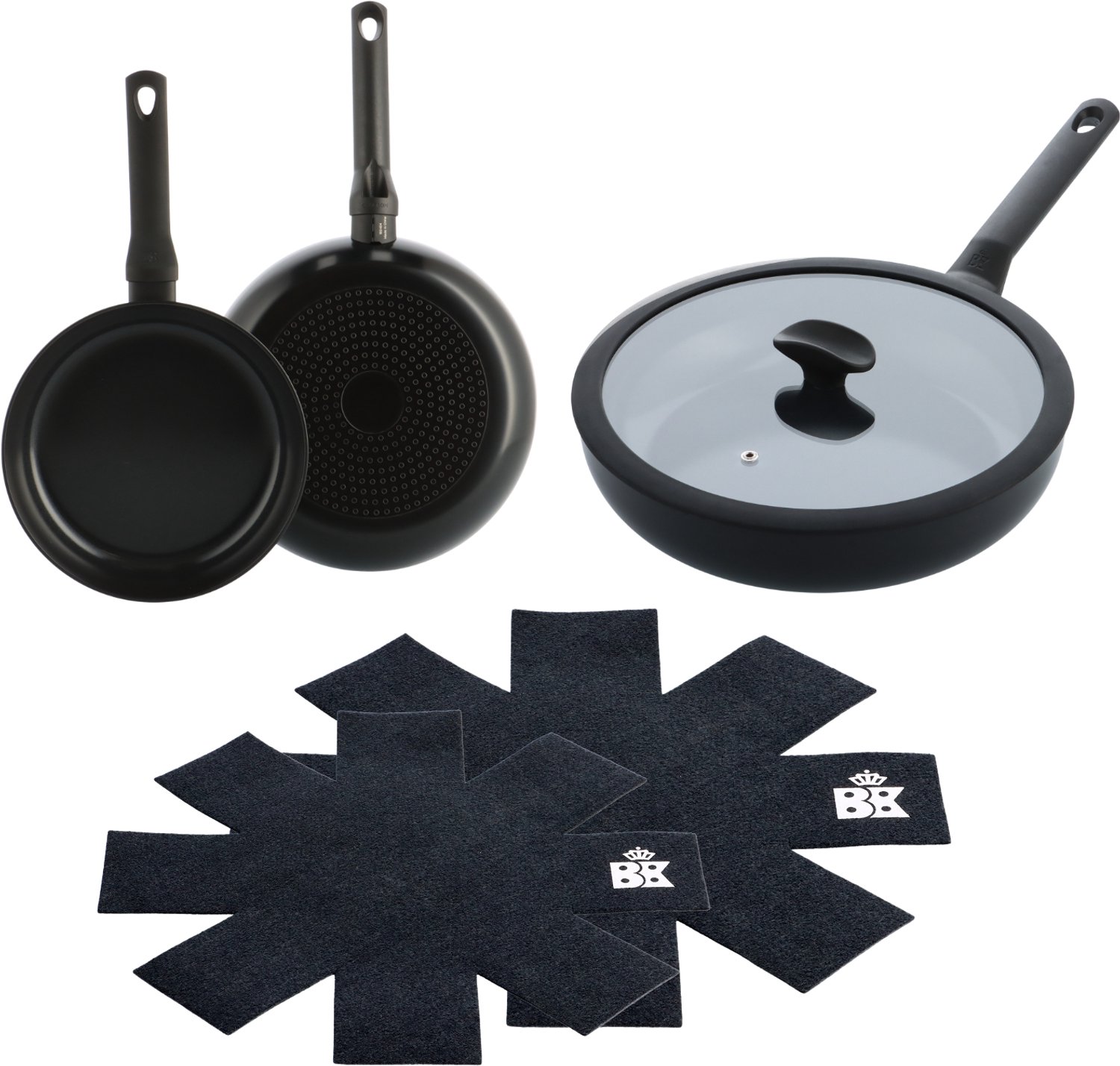 BK Enjoy Pannenset 3-delig - Koekenpan 24/28cm - Hapjespan met deksel 28cm/3.4L - PFAS-vrije antikleeflaag - Pannenset inductie - Keramische pan - Ovenbestendig tot 160°C - Koudgrepen - Met Pan protectors - Zwart