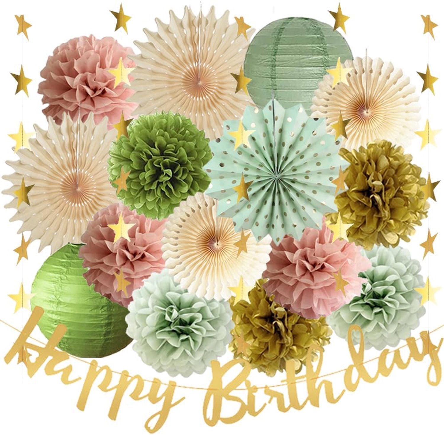 Verjaardagsdecoraties - 35 cm/14 inch - olijfsalie groen, stoffig roze, goud - feestelijk voor meisjes - Homevero