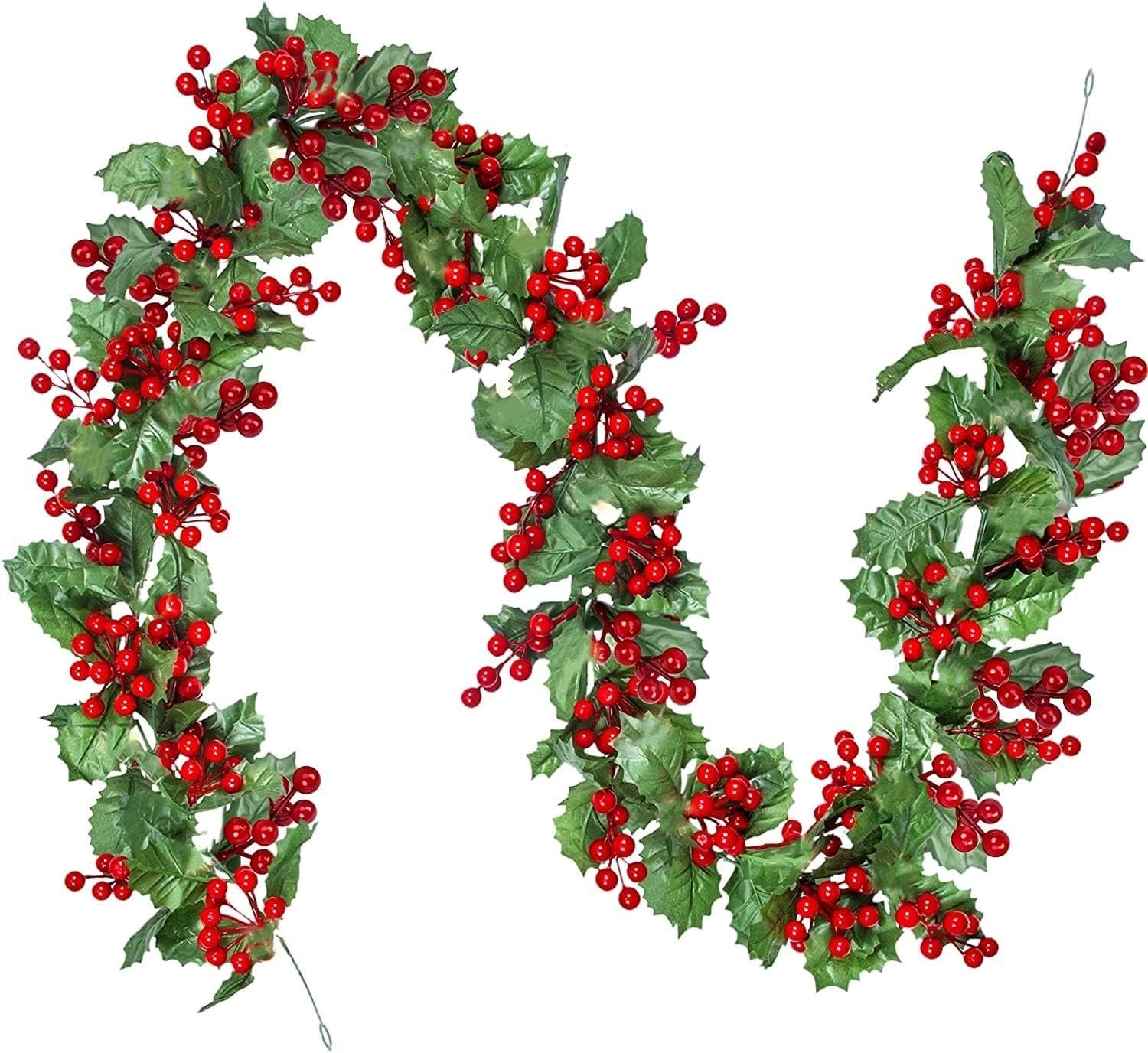 Kunstmatige Kerstguirlande van 175 cm met Rode Bessen en Hulstbladeren voor Feestelijke Winterdecoratie en Nieuwjaarsversiering