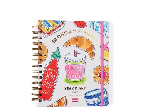 Jaaragenda 2027 met Blond Amsterdam illustraties: srirachasaus, croissant, matcha, koekjes en lippen.