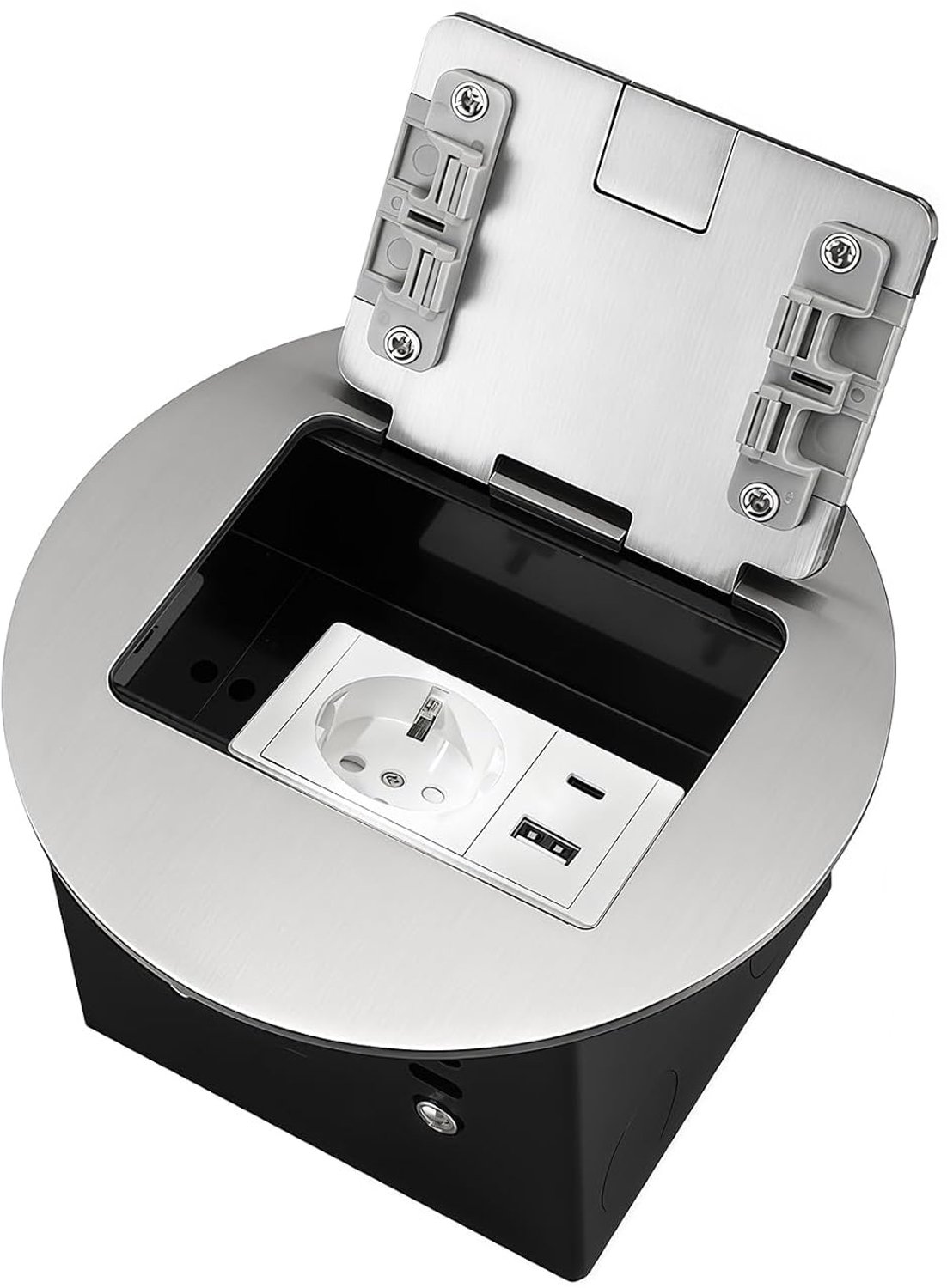 Vloercontactdoos met USB A+C - RVS inbouwdoos met deksel - Waterdicht en onopvallend - Ideaal voor werkoppervlak - ShopVlot