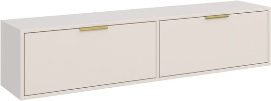 Wandmeubel met twee gesloten laden en gouden handgrepen, kasjmierkleurig.