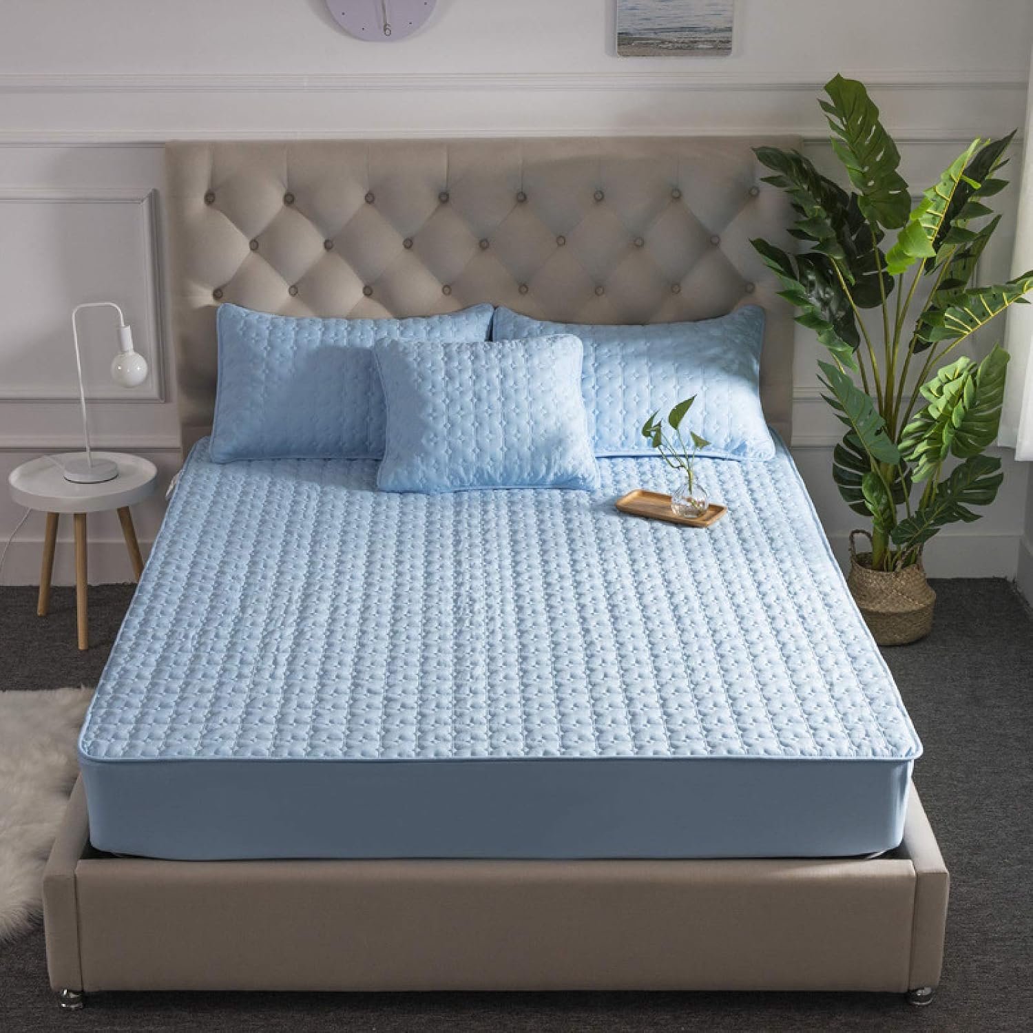 Single Fitted Sheet,Pure Cotton Quilted Thicken Non-Slip Bedding Fitted Sheets, Bedroom Hotel Solid Color Mattress Topper,blue,135 * 200cm+30cm