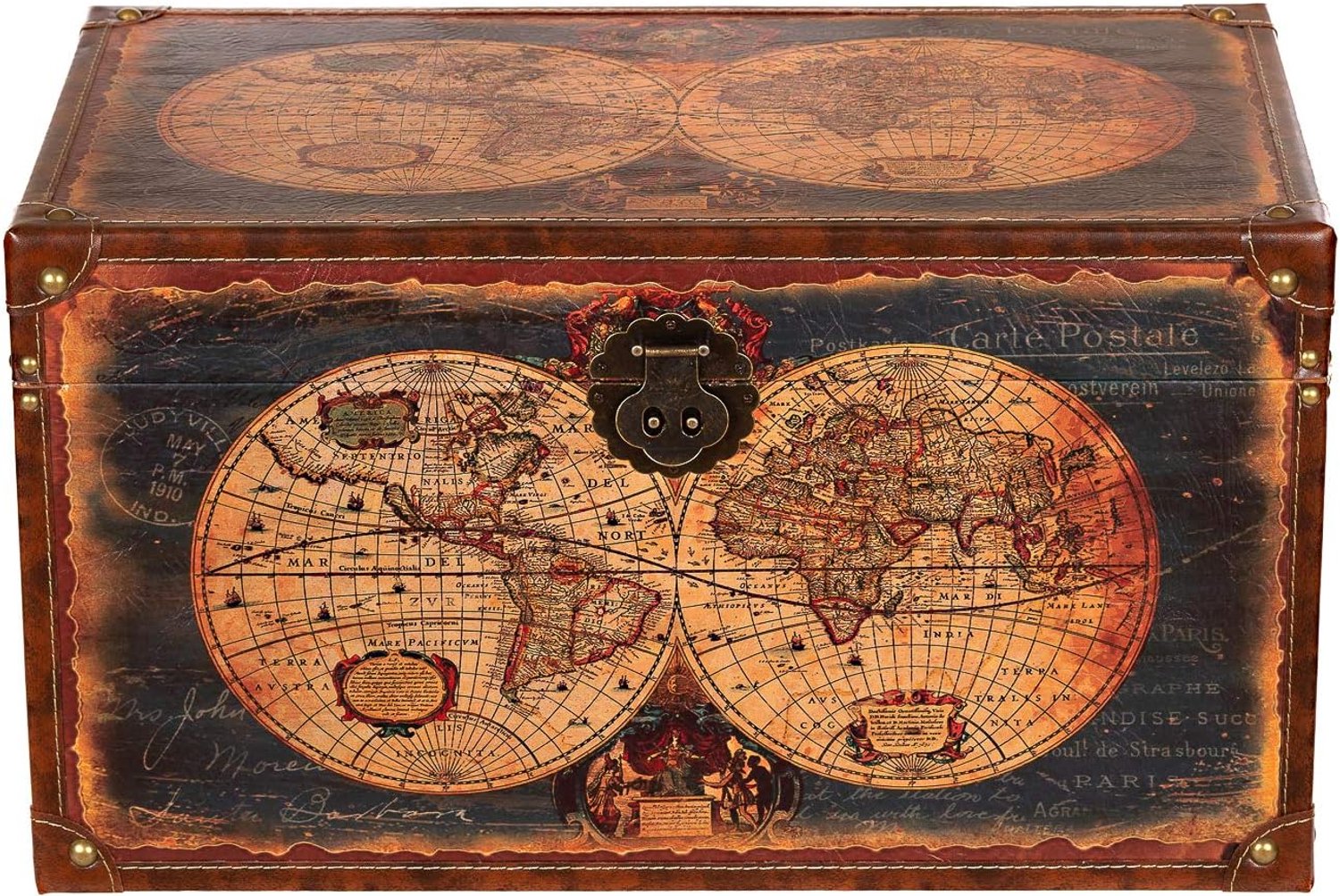 Kist kist 1622 wereldkaart houten kist schatkist bekleed met kunstleer (maat XXL 59cm x 36cm x 33cm)