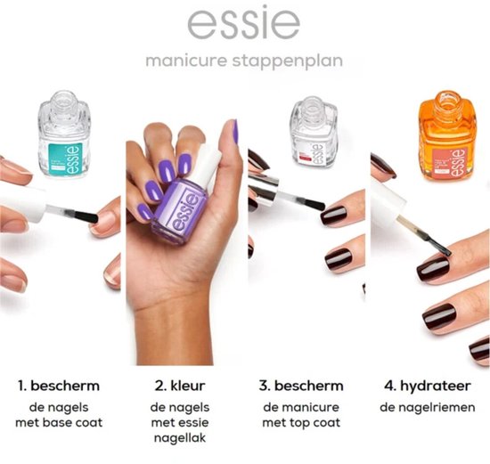Stappenplan voor manicure met Essie producten: base coat, paarse nagellak, top coat en nagelriemolie.
