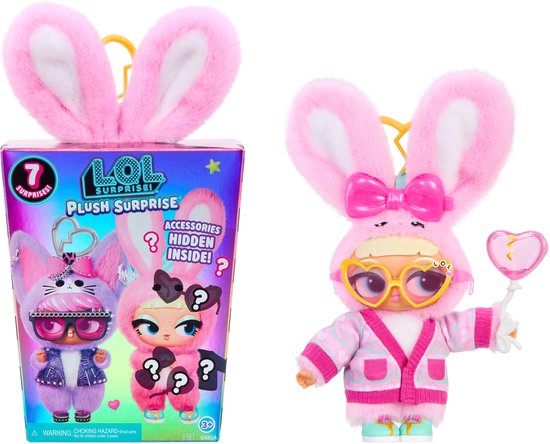 L.O.L. Surprise! Plush Surprise doos naast een aangeklede konijnenpop met strik, zonnebril, vest en hartballon.