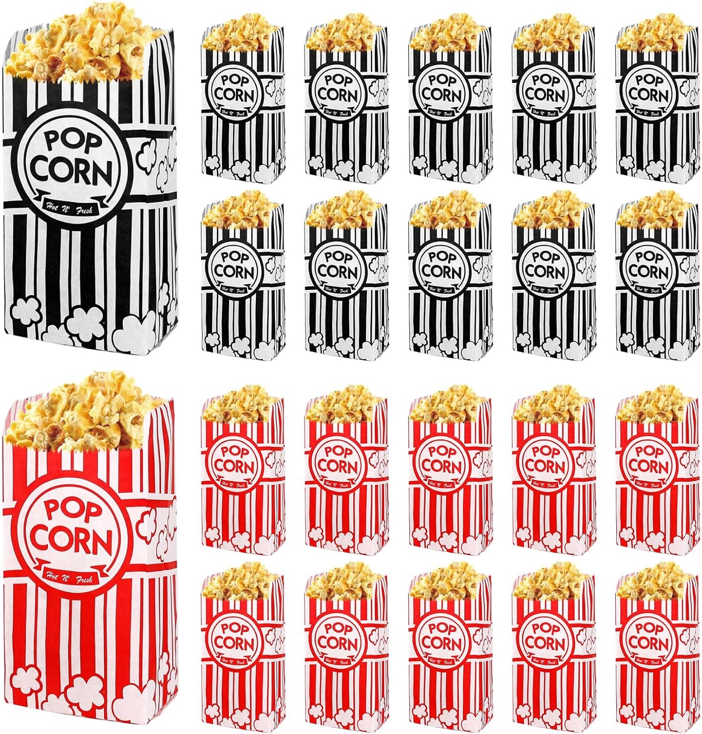 Popcornzakjes, 200 stuks popcornzakjes, klein, opvouwbare popcornbox, Candybar, 9 x 21 cm, popcornbekers voor films, feest, verjaardag, picknick (rood + zwart)