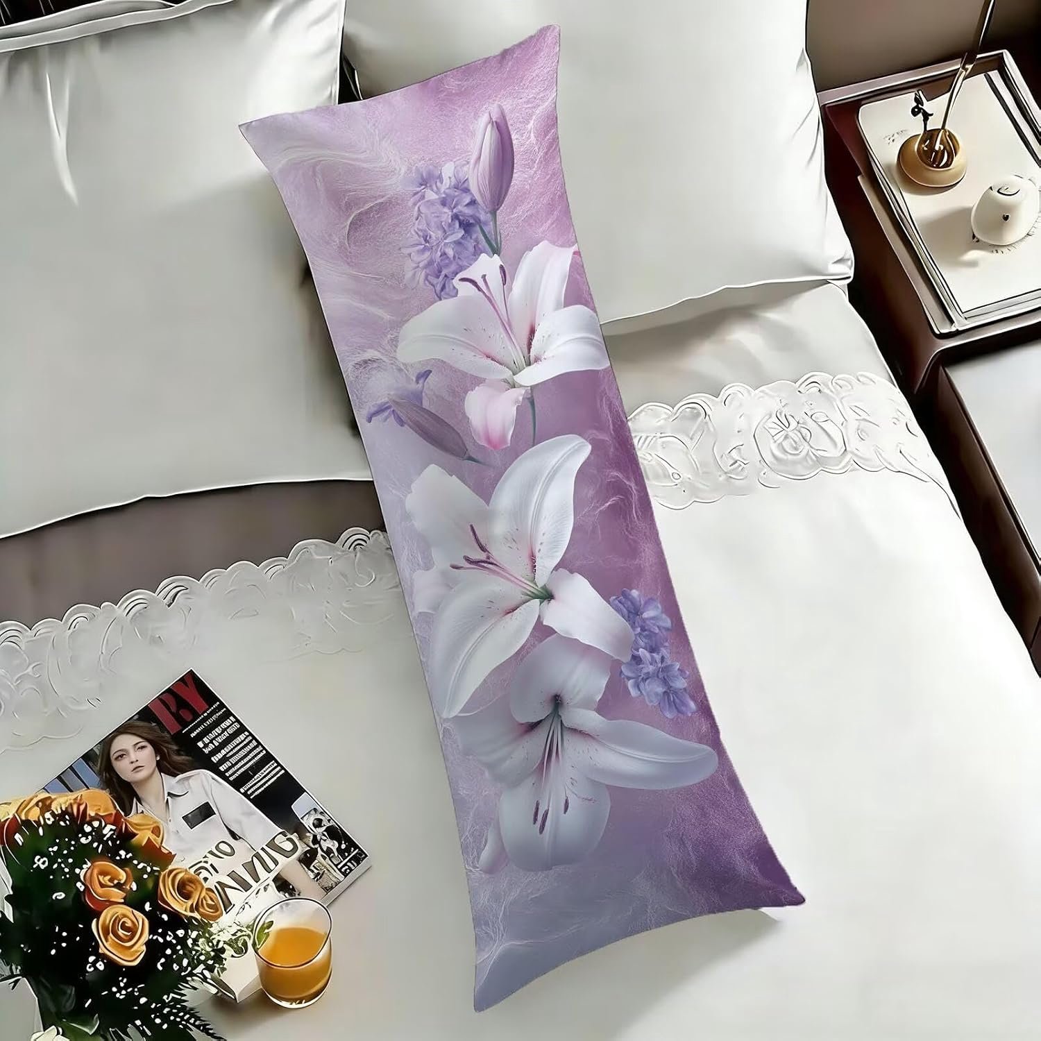 Zijslaapkussen hoes lila kussenslopen 50 x 150 cm bloemen bolster kussenslopen moederschap lendensteun verbeteren slaap super zachte fluwelen decoratieve hoezen met verborgen rits voor Bedroo U00-915
