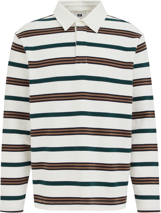 Loose fit polo met wit, groen en bruin gestreept patroon en een witte kraag met WE logo.