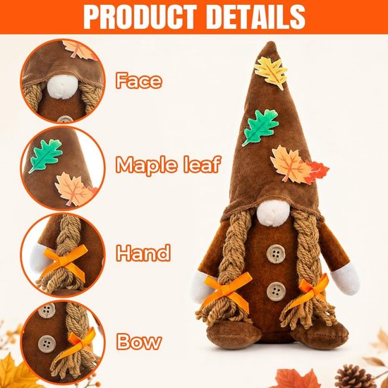 2 Stuks Herfst Kabouters Pluche, Herfstkabouter, Herfstdecoratie, Tafeldecoratie Herfst, Figuren Ornament Gezichtsloze Herfstdwergen voor Huis, Tafel Thanksgiving Decoraties (B) — afbeelding 2
