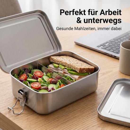 2 stuks roestvrijstalen broodtrommel met vakken, 850 ml en 1400 ml, lunchbox, metaal, lekvrij, broodtrommel met beweegbare scheidingswand, roestvrijstalen broodtrommel voor werk, picknick — afbeelding 2