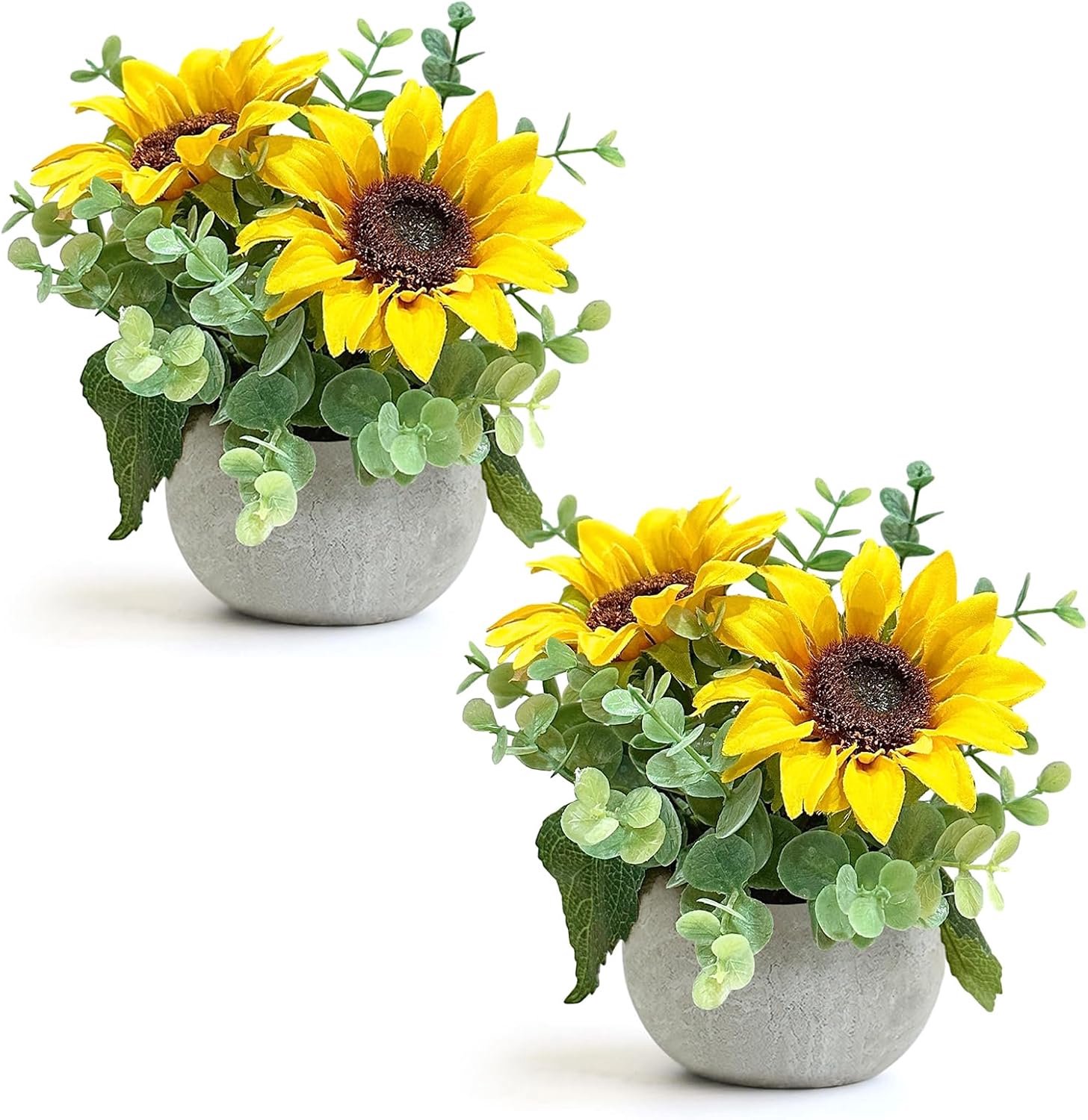 Set van 2 kunstbloemen met pot, zijden zonnebloemen met eucalyptus neppotplanten, zonnebloem centerpieces voor tafels thuis kantoor kamer plank bureau plant decor