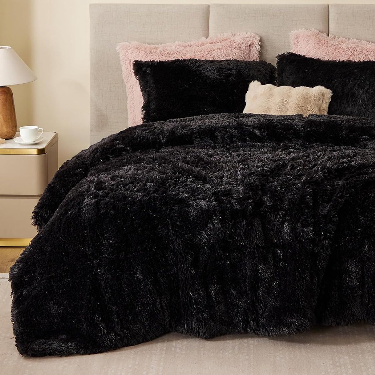 Sacebeleu Winter pluche beddengoed, 220 x 240 cm, zwart, langpolig, wollig, flanel, dekbedovertrek, warm dekbedovertrek en 2 kussenslopen 80 x 80 cm, met ritssluiting