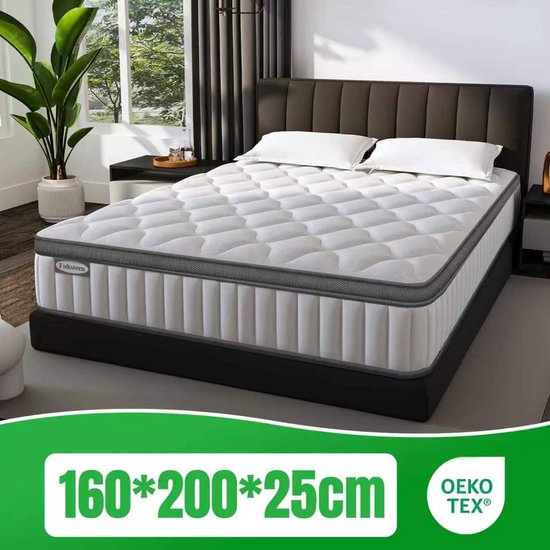 Wit pocketvering matras met grijze bies, 160x200x25cm, OEKO-TEX gecertificeerd.