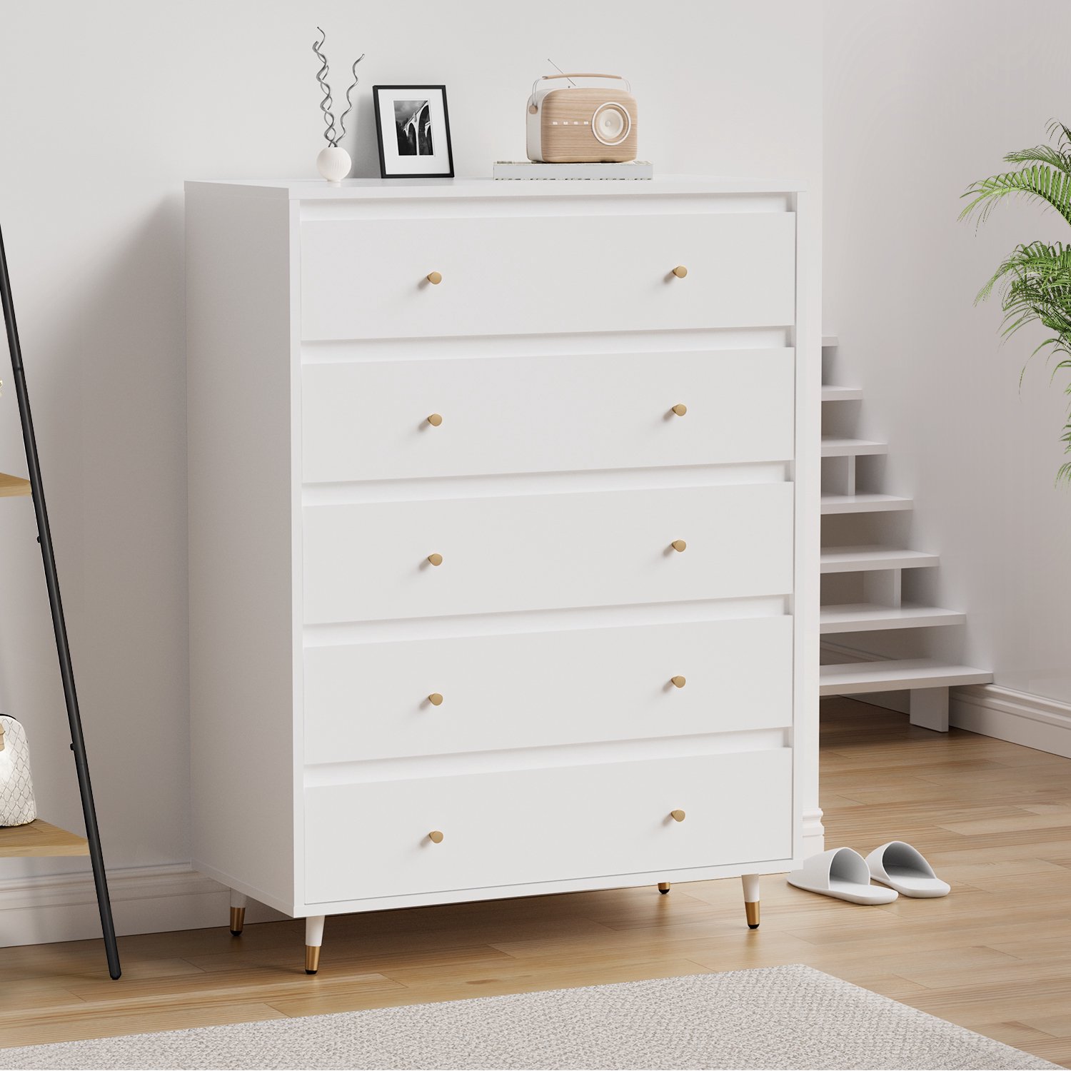 Lexzurn Ladekast 5 lades - wit - massief houten ecoplaat - opbergkast voor de slaapkamer