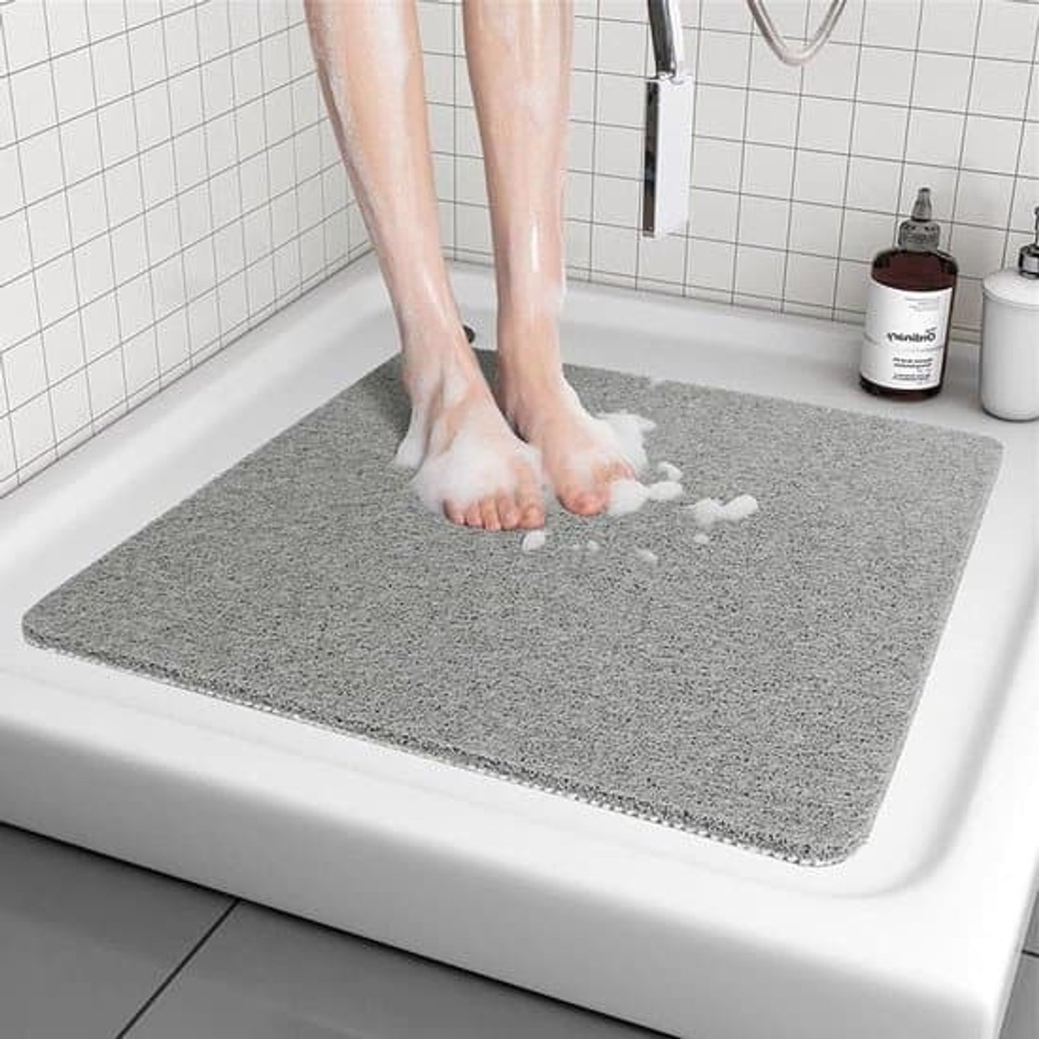 Antislip badmat van loofah met drainagegaten - zacht en comfortabel - antislipmat voor ouderen - grijs - 60 x 60 cm
