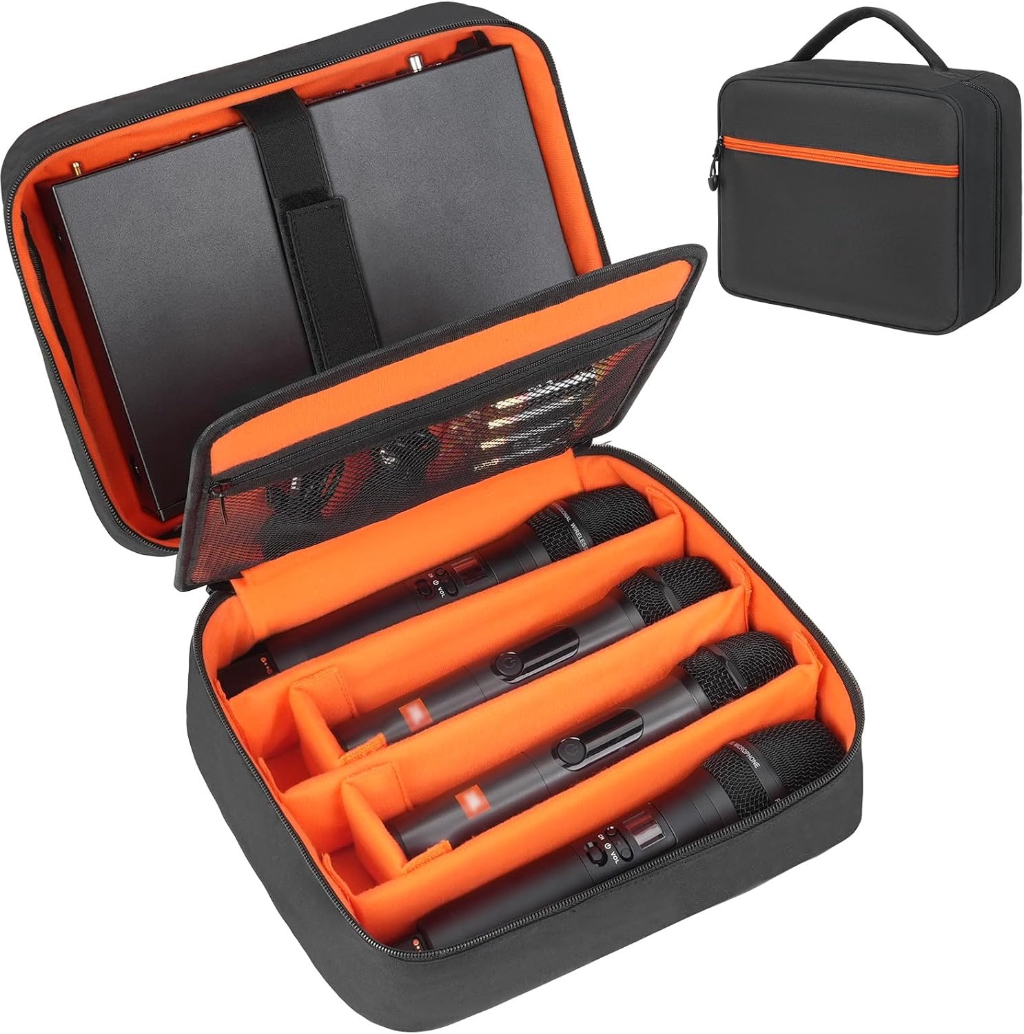 Draadloze microfoonhoes met 4 sleuven, opbergtas compatibel met JBL Partybox/Shure/TONOR Handheld microfoonsysteem, dubbellaagse draadloze microfoonorganizer voor ontvanger en kabels