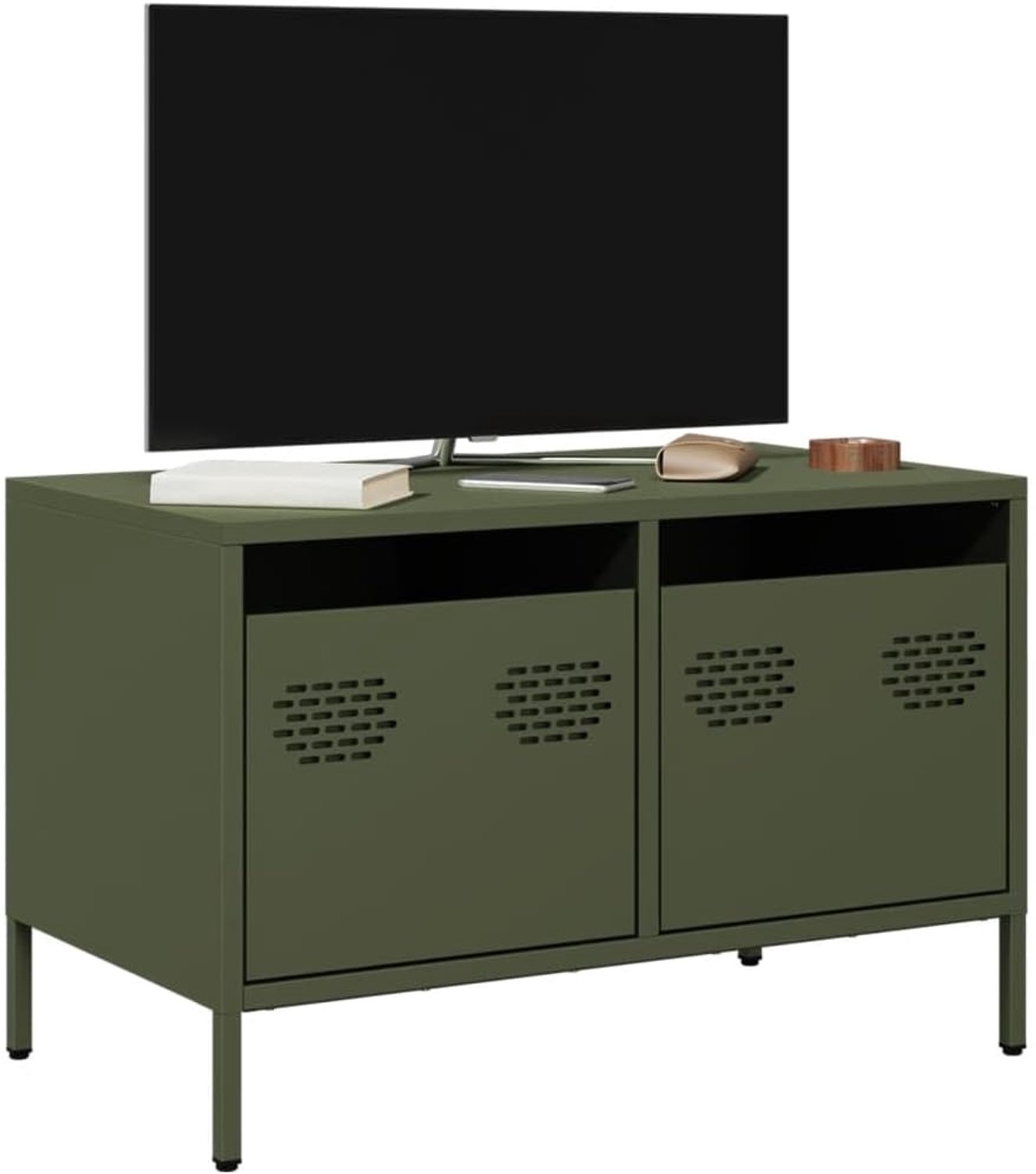 TV-kast, olijfgroen, multifunctionele tv-standaard, tv-tafel voor kantoor, werkkamer, 68 x 39 x 43,5 cm, koudgewalst staal