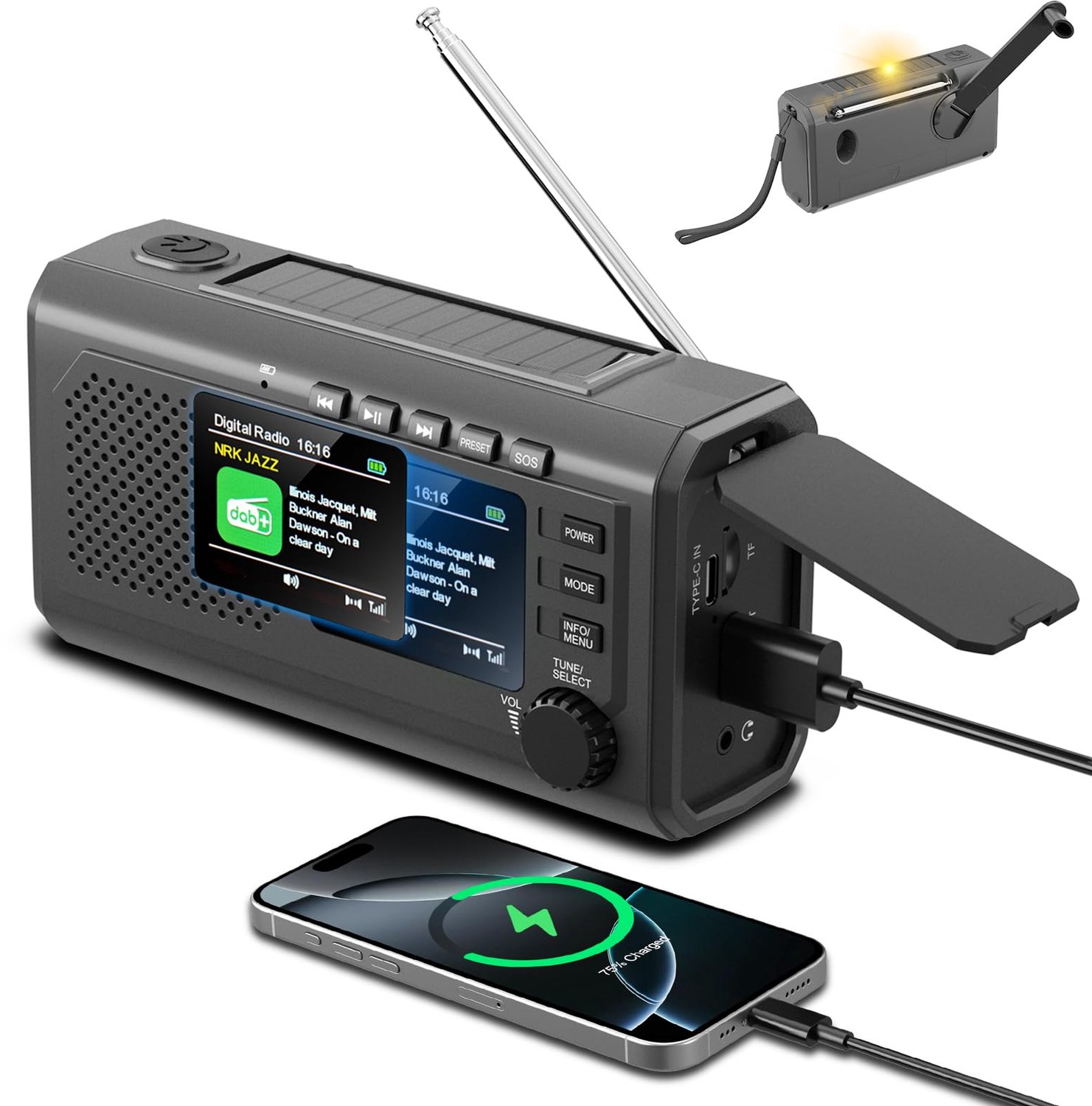 DAB+/FM-noodradio met zwengel - zonne-energie en USB-oplading - Bluetooth 5.3 - ideaal voor outdooractiviteiten - ShopVlot