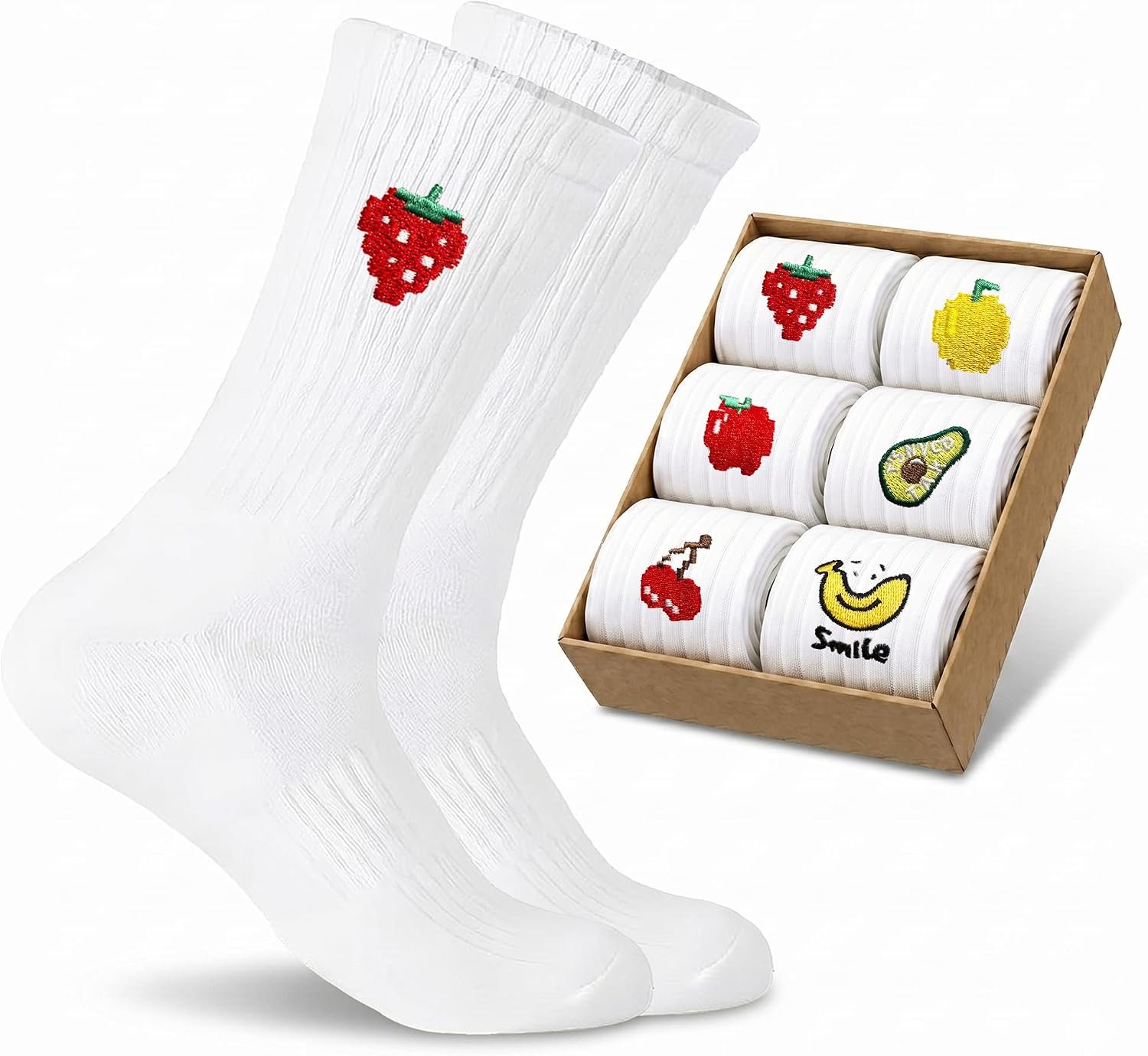 6 paar sokken met borduurpatroon, witte sportsokken voor dames en heren, ademende katoenen sokken met motief (dieren/eten/kunst)