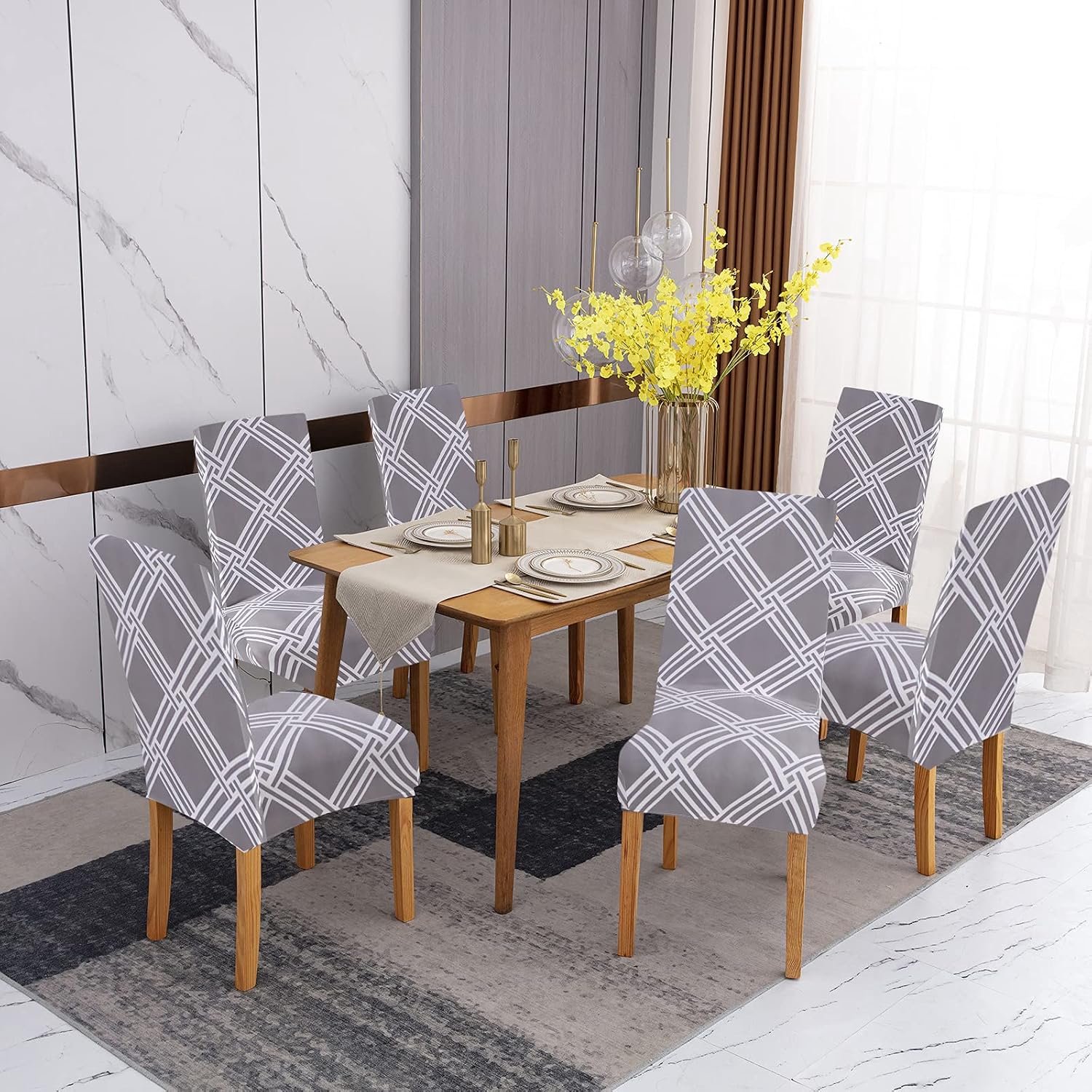 Sufdari Stoelhoezen, set van 6, stretch, eetkamerstoelen, afneembaar, wasbaar, spandex, voor keukenstoelen, hotel, banket (6 stuks)